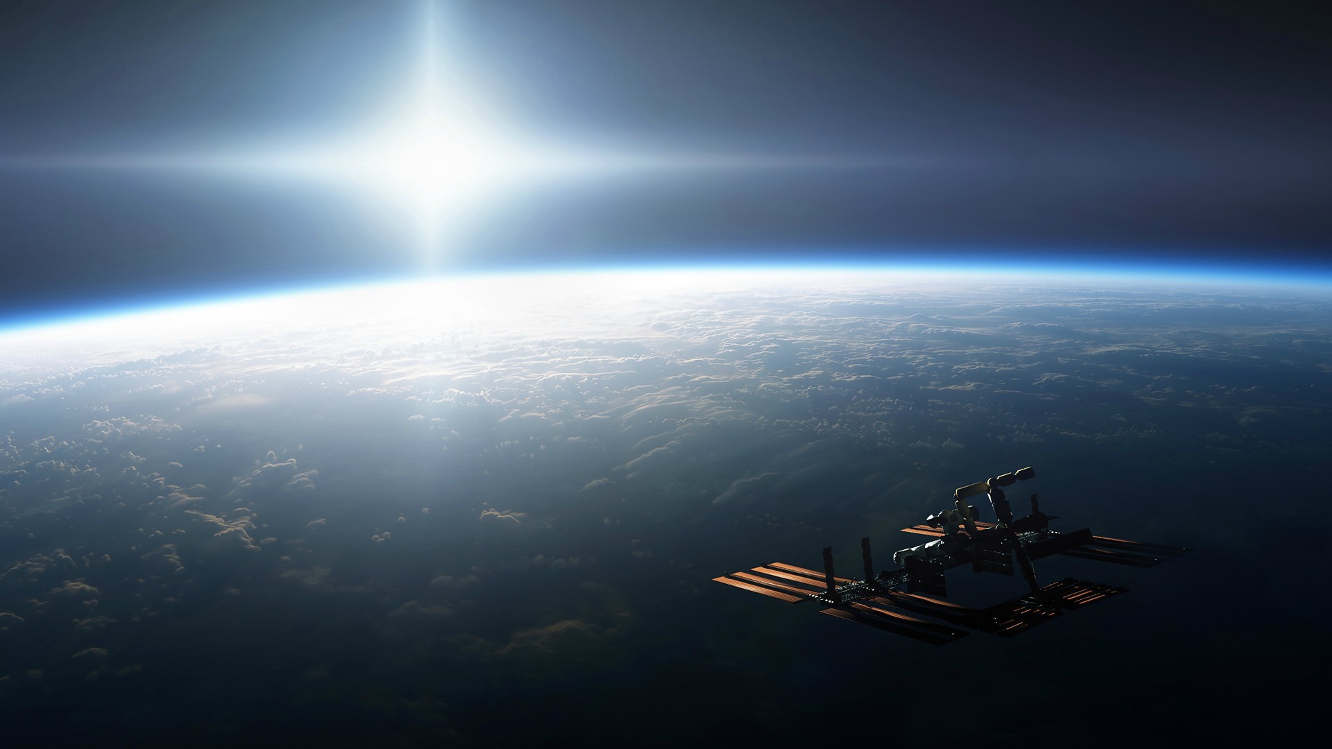 Space station orbiting Earth with bright sun HD Wallpaper