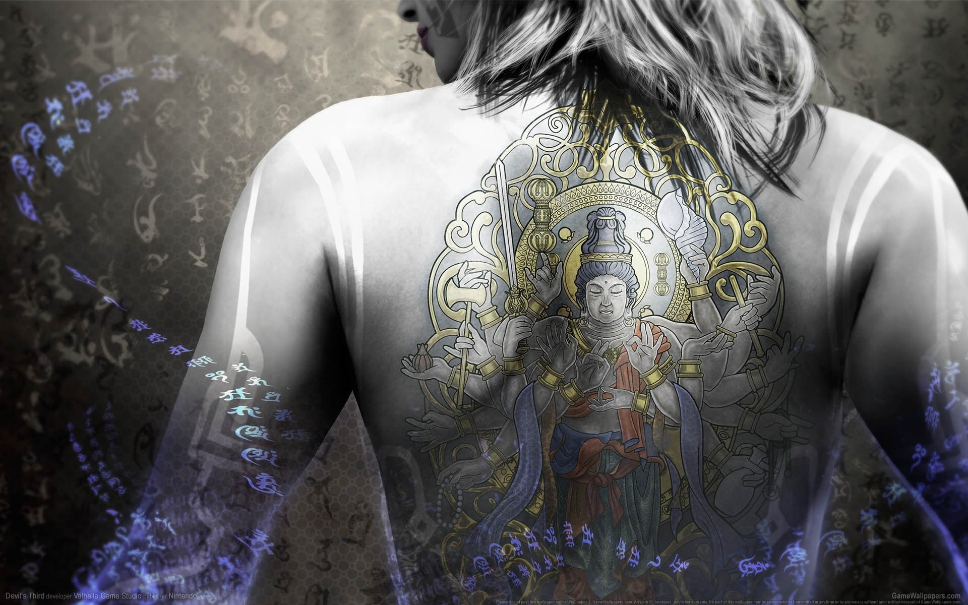 Woman with a large back tattoo of a multi-armed deity HD Wallpaper