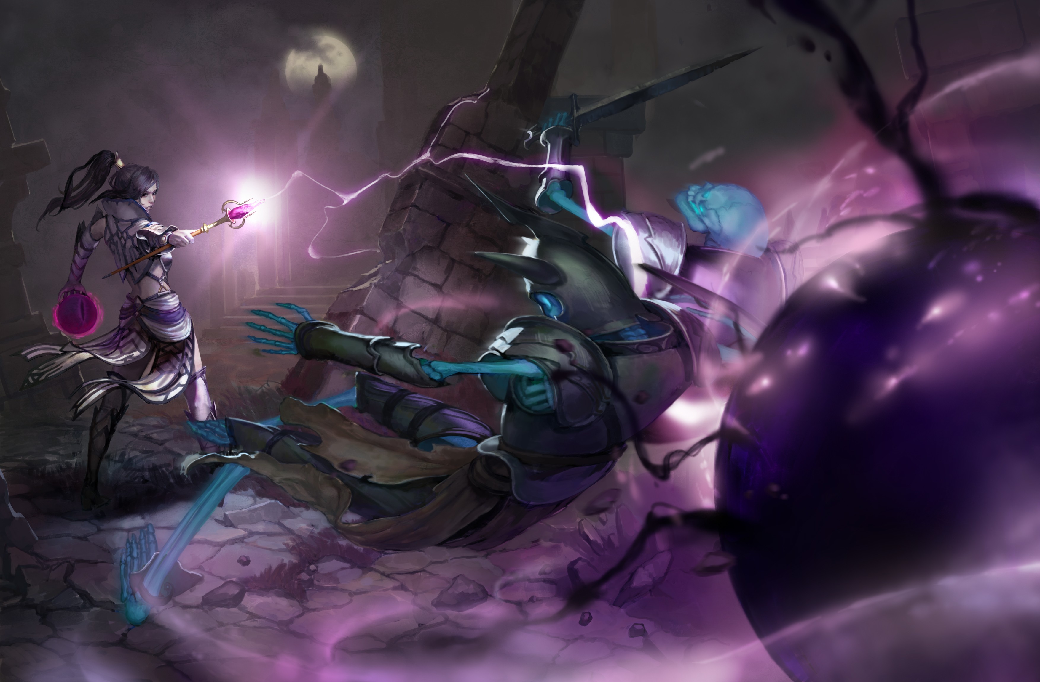 Witch casting magic on fallen knight in fantasy art HD Wallpaper