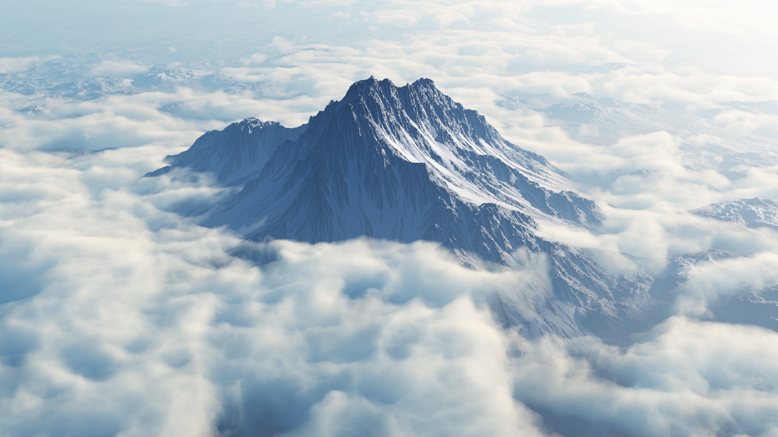 Snowy mountain peak emerging from clouds HD Wallpaper