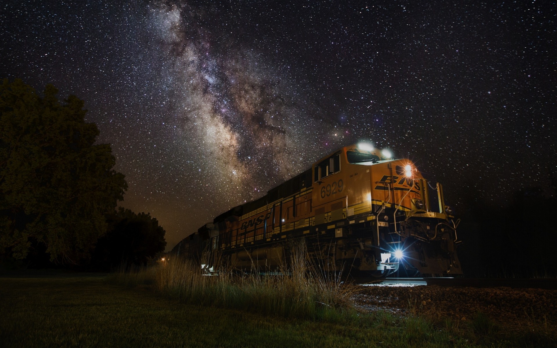 diesel locomotive, trees, train, starry night, Milky Way, grass, landscape, machine, lights HD Wallpaper