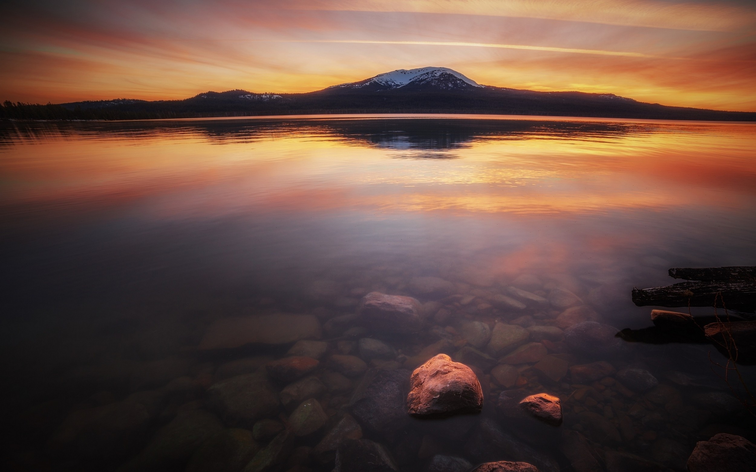Lake with mountains and colorful sunset reflection HD Wallpaper