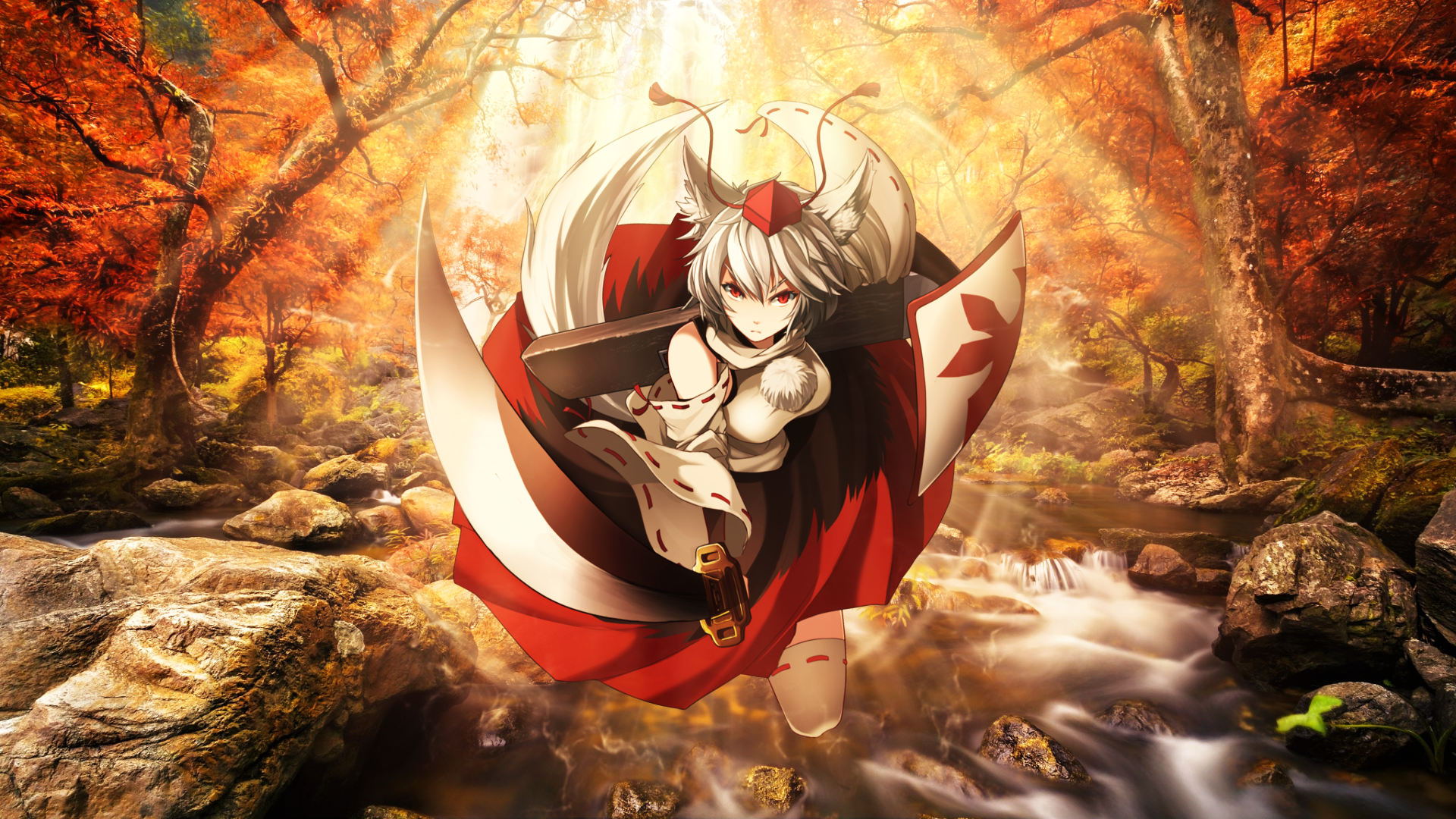 Inubashiri Momiji in a Forest Stream HD Wallpaper