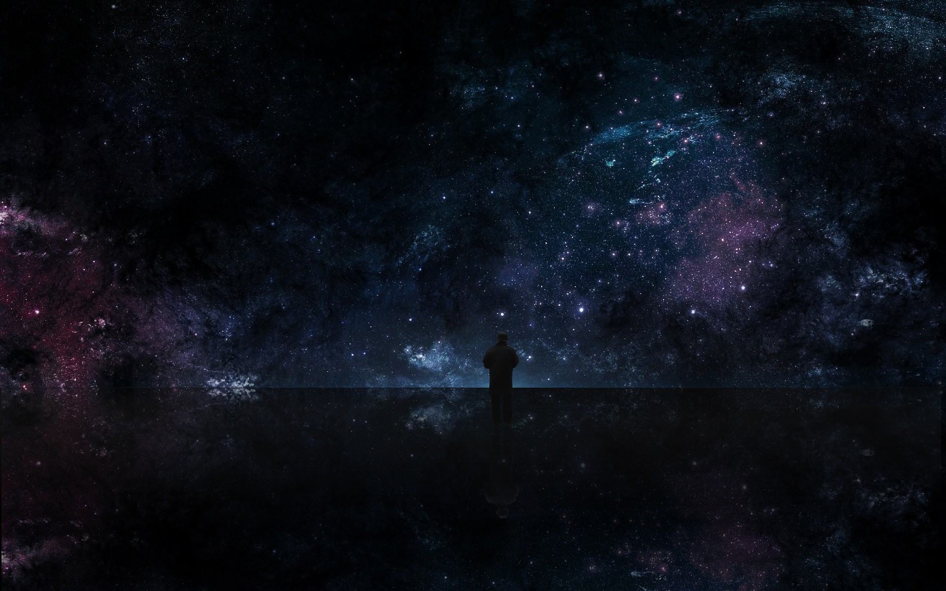 Man standing on a platform looking at a starry galaxy HD Wallpaper