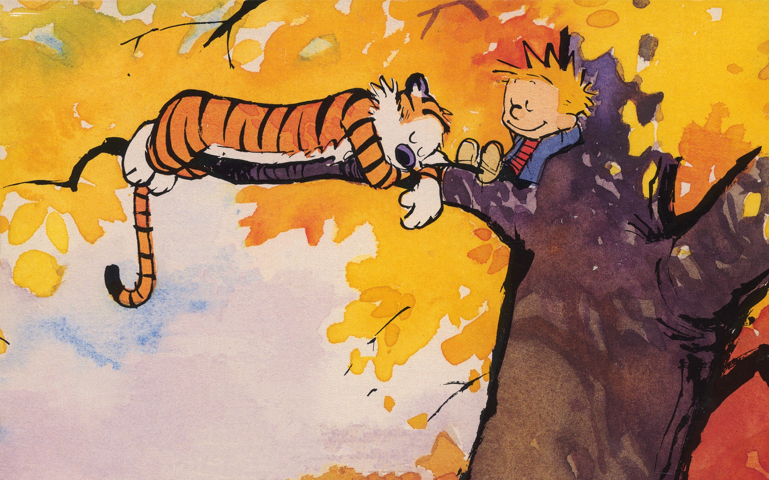 Calvin and Hobbes sleeping in a tree HD Wallpaper