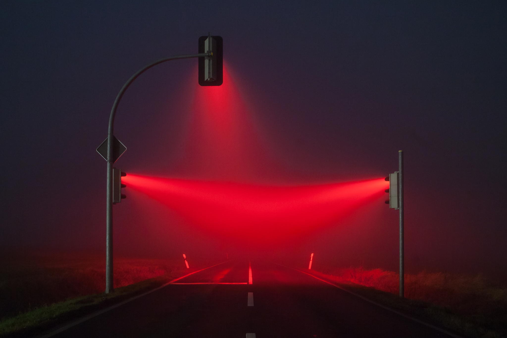 blue, road, traffic lights, lights, mist, red HD Wallpaper