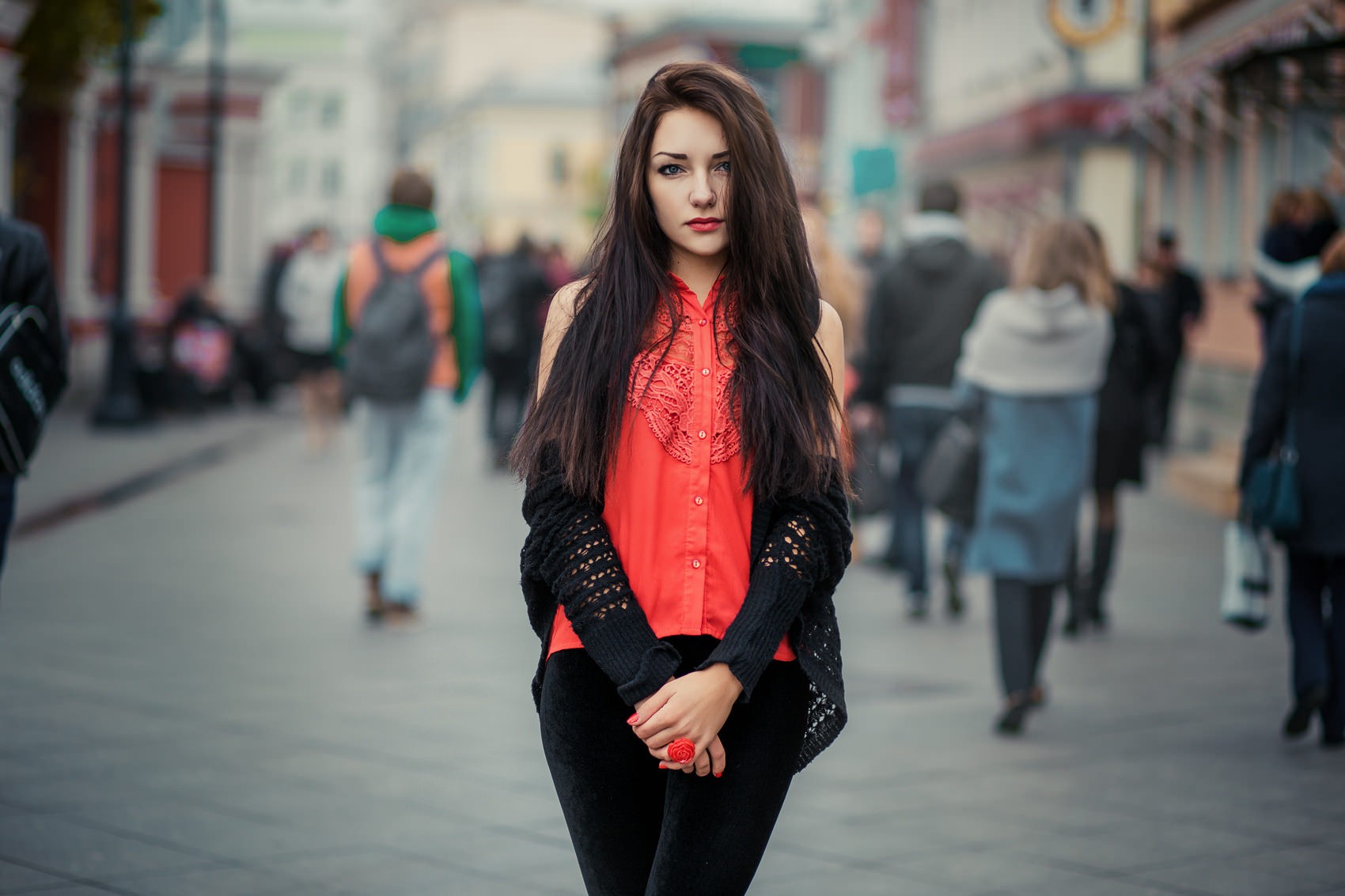 Woman with long dark hair in a red top HD Wallpaper