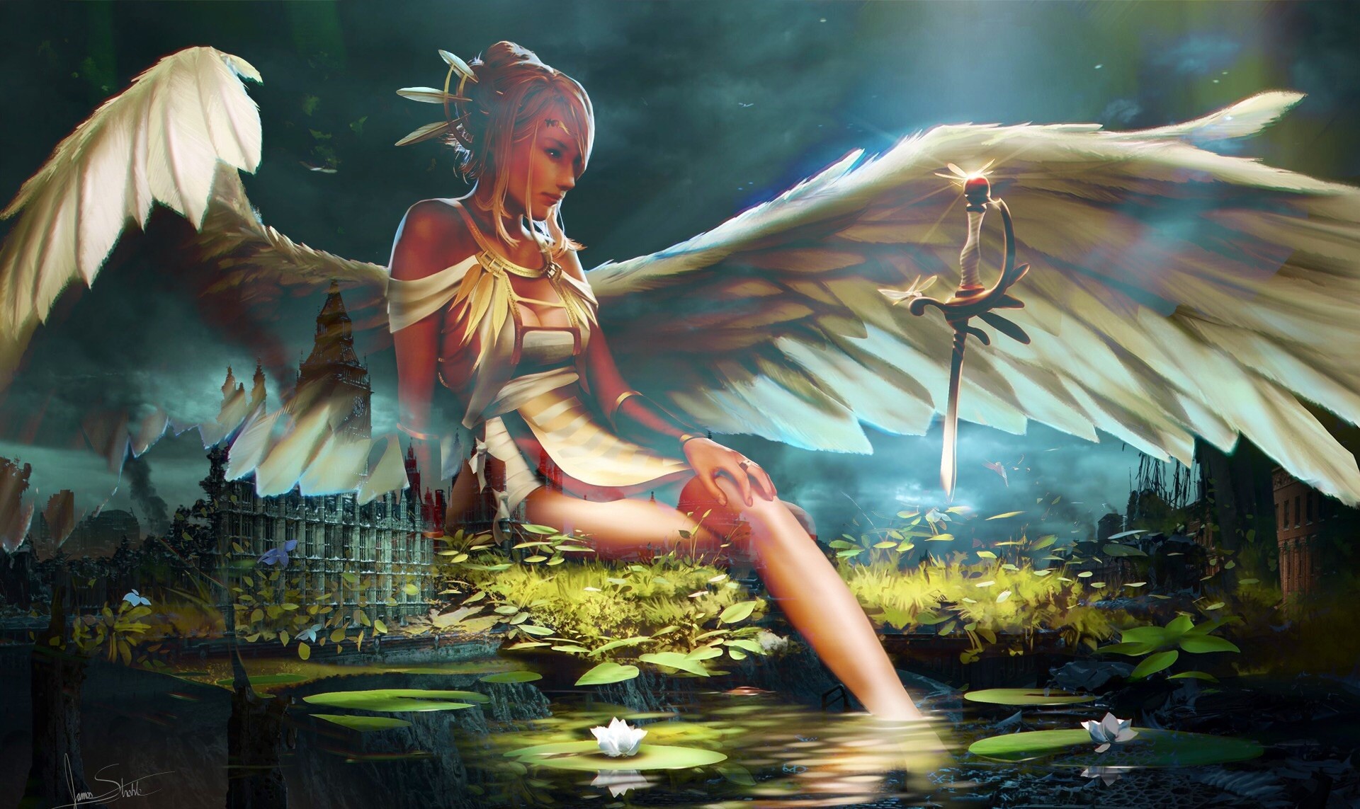Angel with sword in ruined London HD Wallpaper