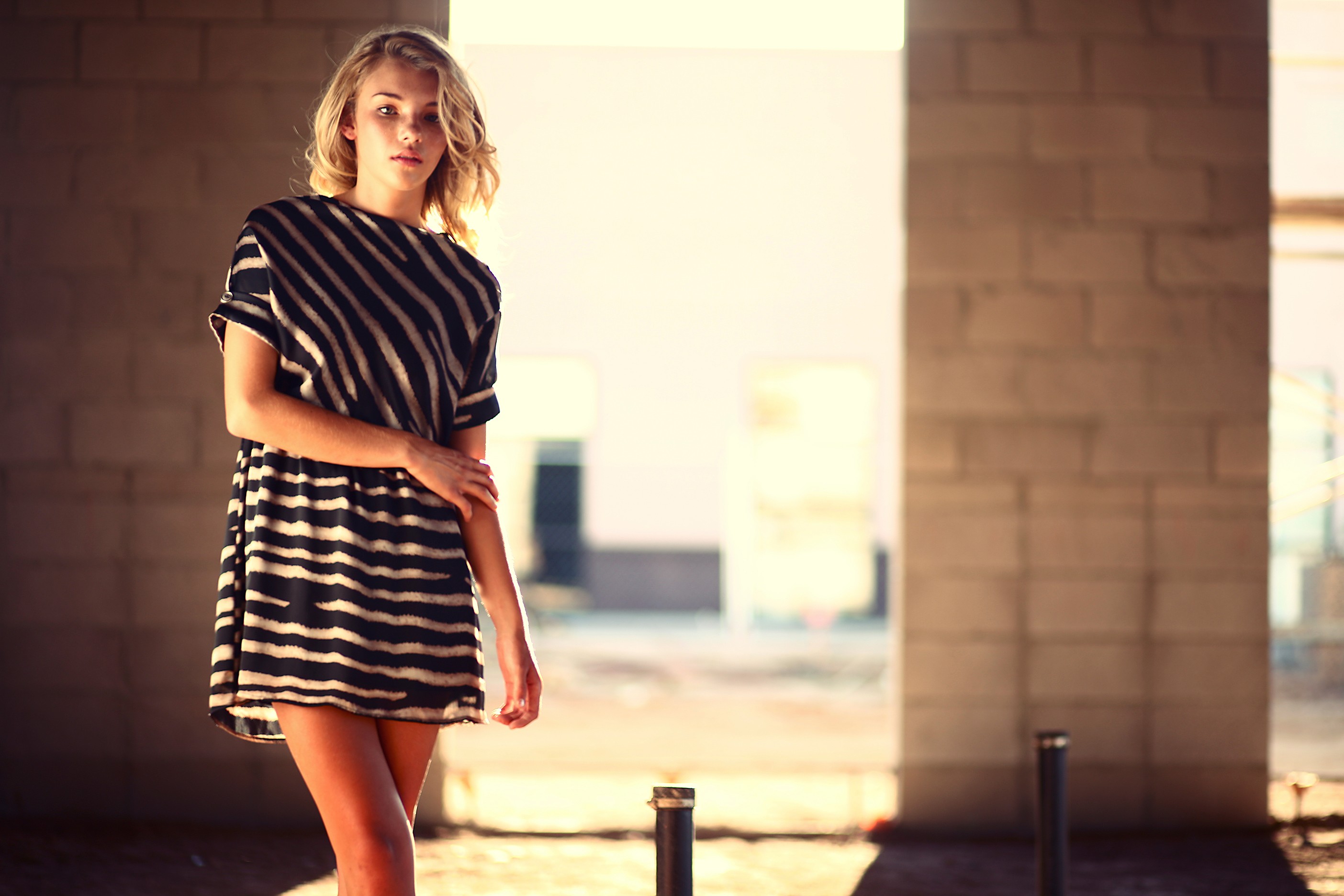 Model Garrett Meyers in a striped dress HD Wallpaper