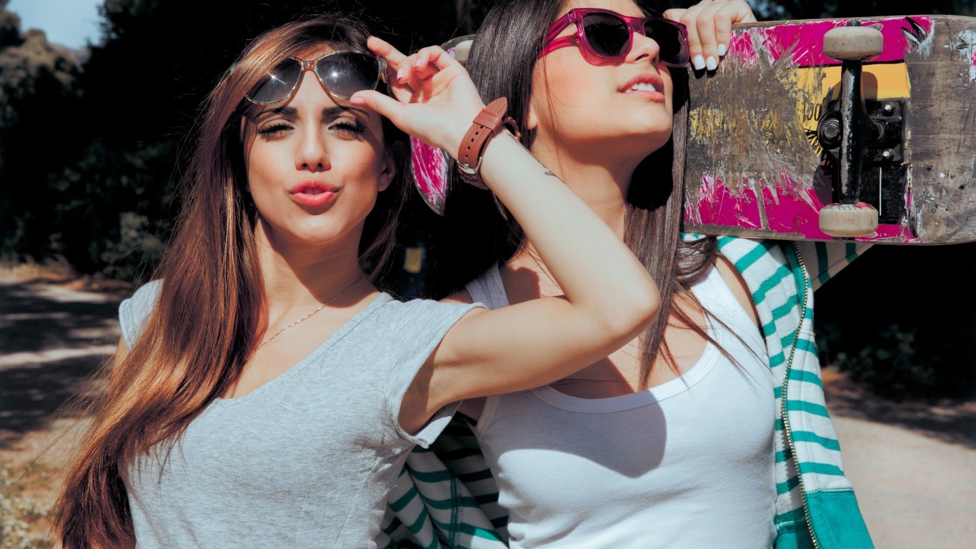 Two young women with sunglasses and a skateboard HD Wallpaper