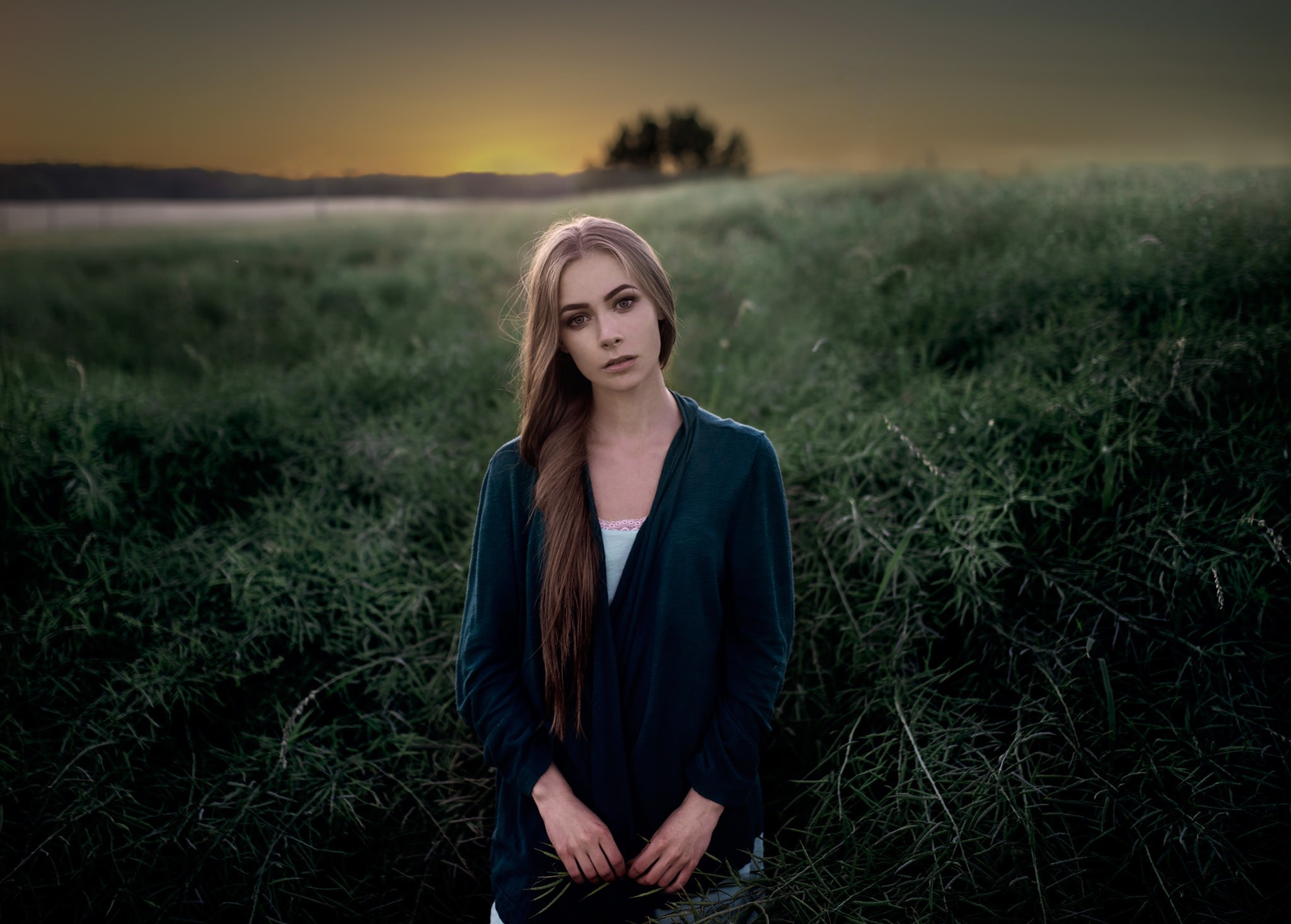 Woman with long hair in a field at sunset HD Wallpaper