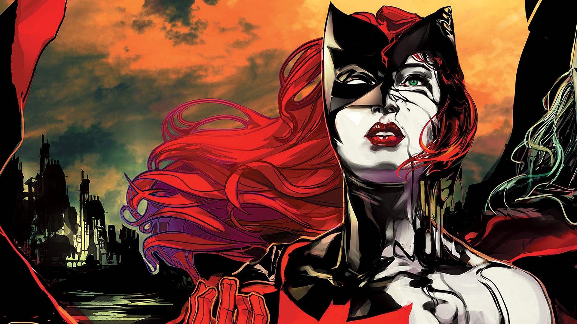 Batwoman in front of a dark city skyline HD Wallpaper