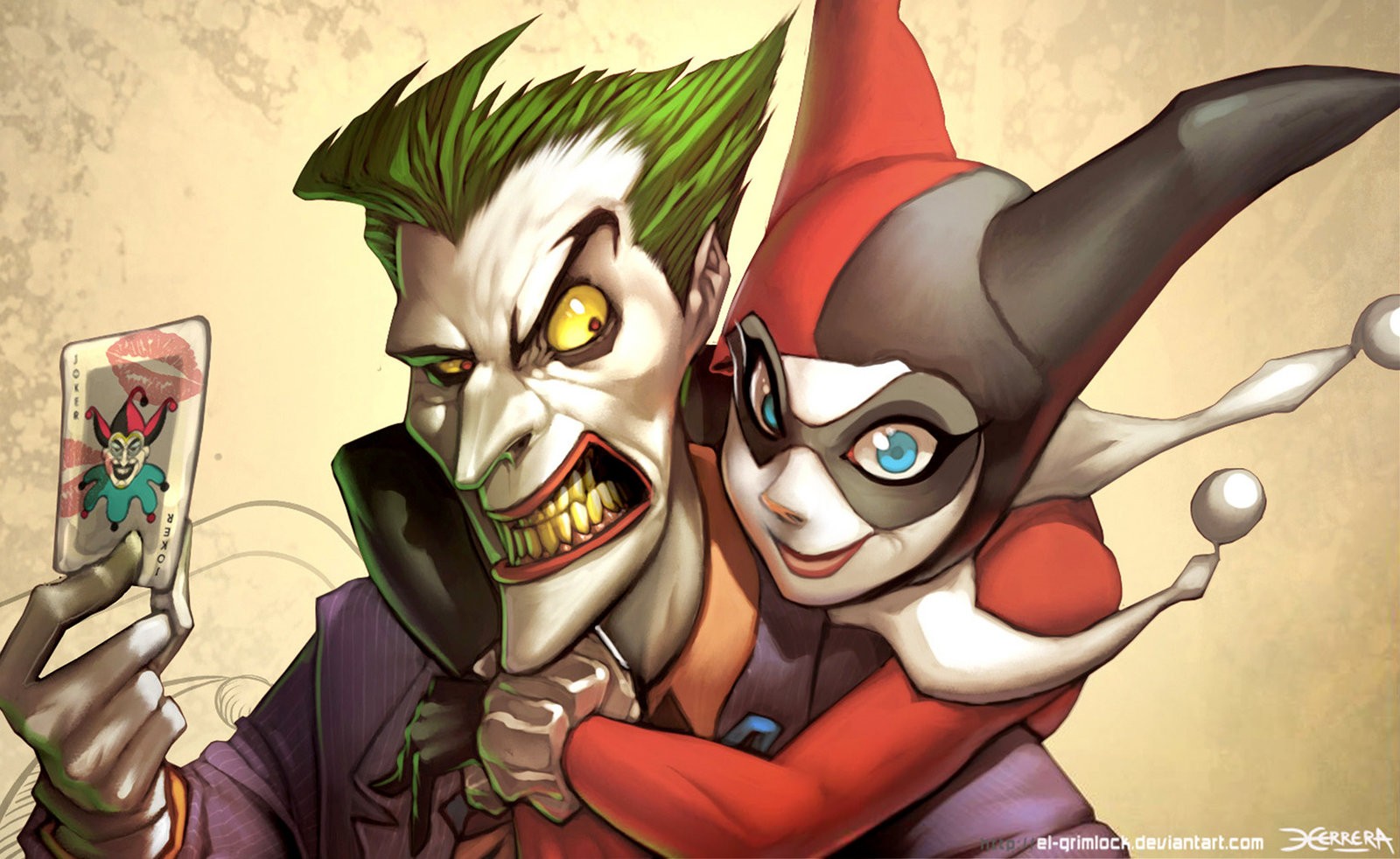 Joker and Harley Quinn holding a Joker card HD Wallpaper