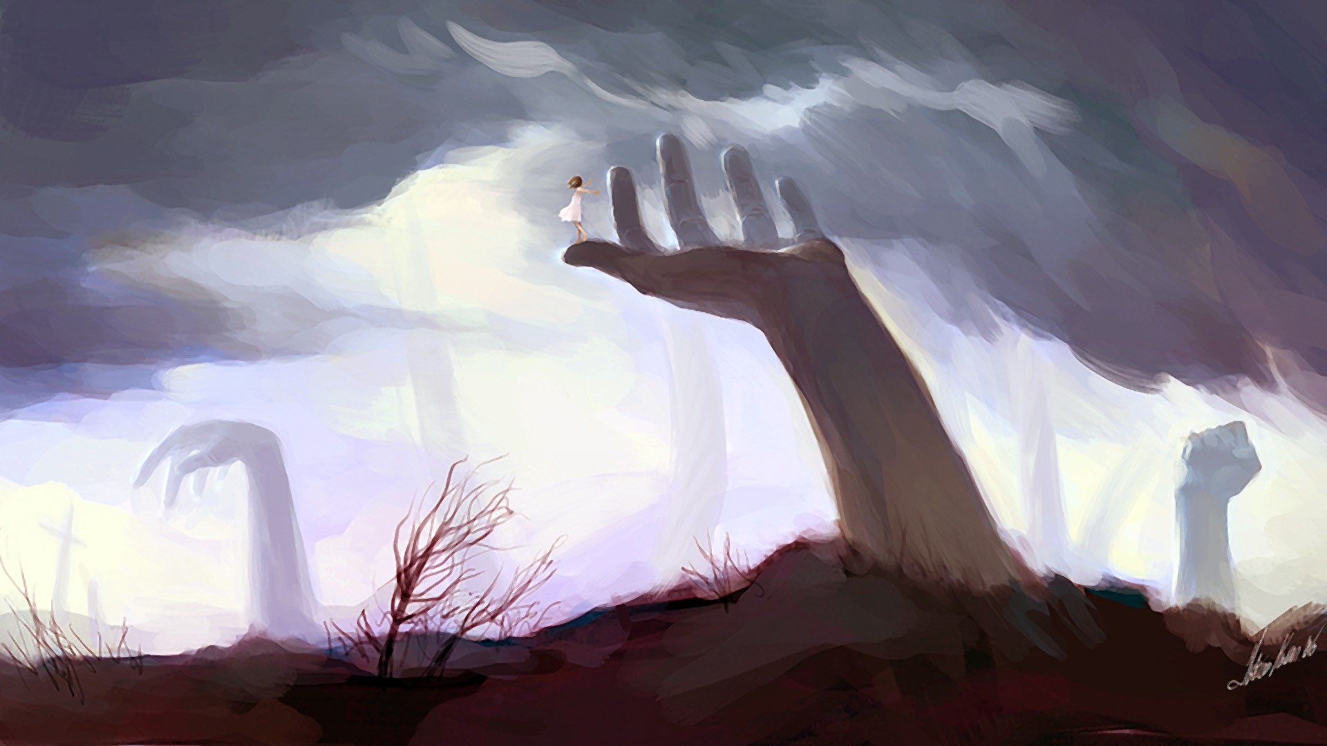 A girl stands on a giant hand in a surreal landscape HD Wallpaper