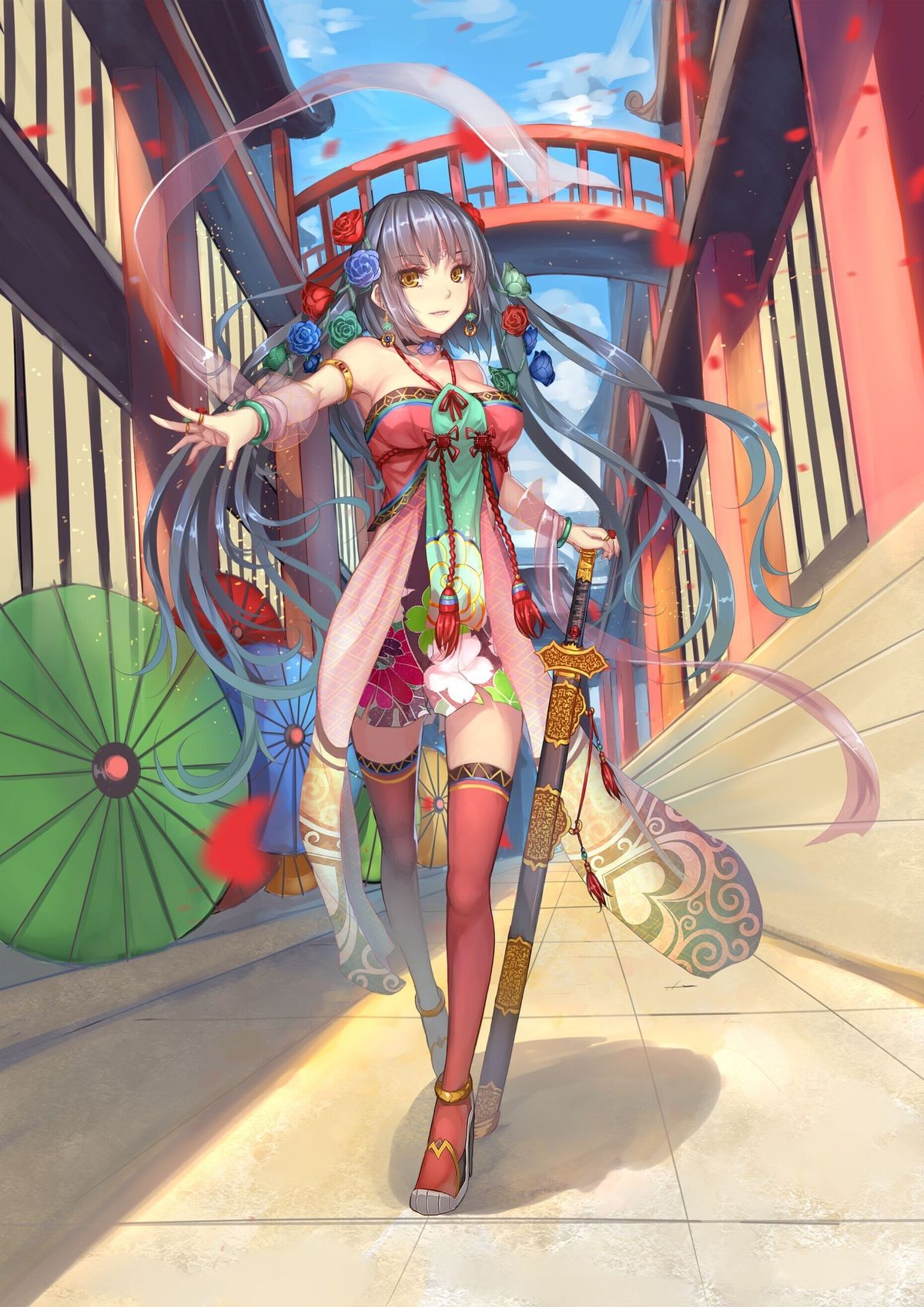 Anime girl with sword and flowers HD Wallpaper