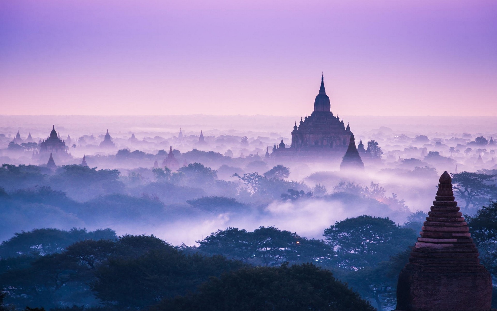 Misty morning over ancient temples in Bagan, Myanmar HD Wallpaper