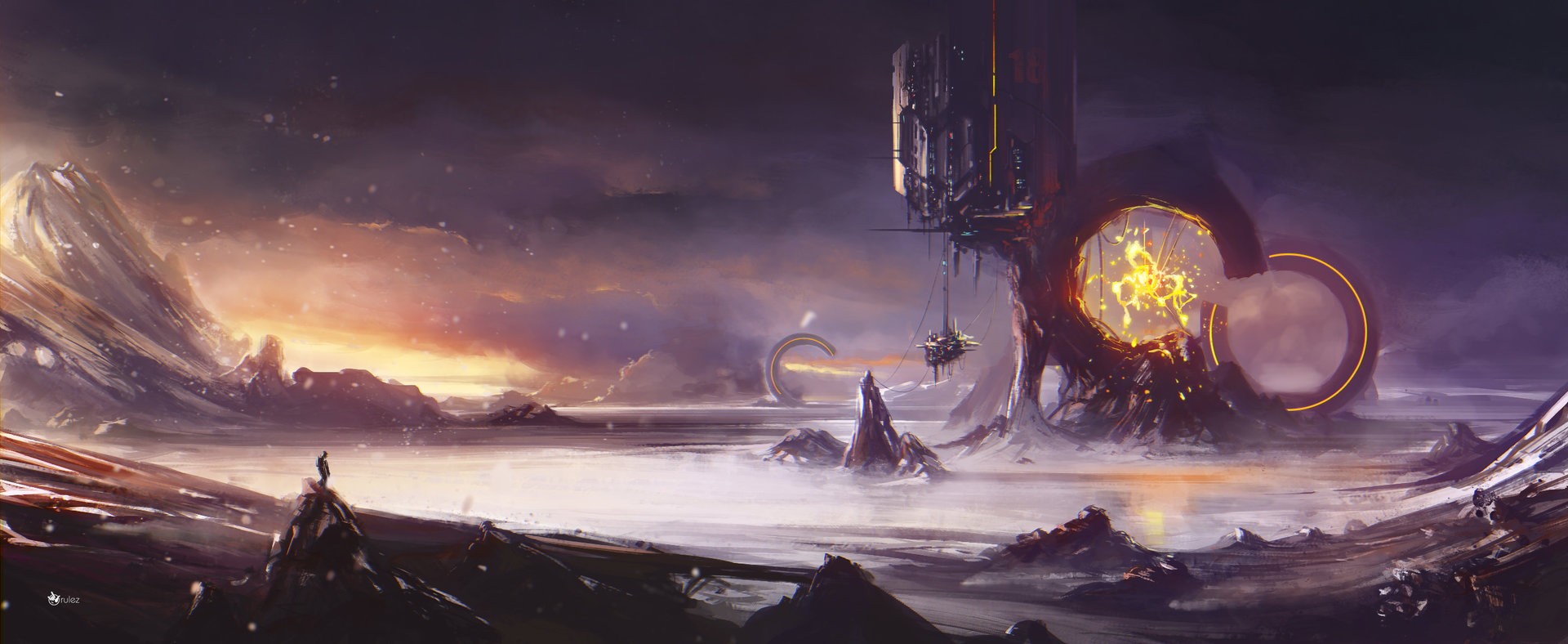 Science fiction landscape with a lone figure HD Wallpaper