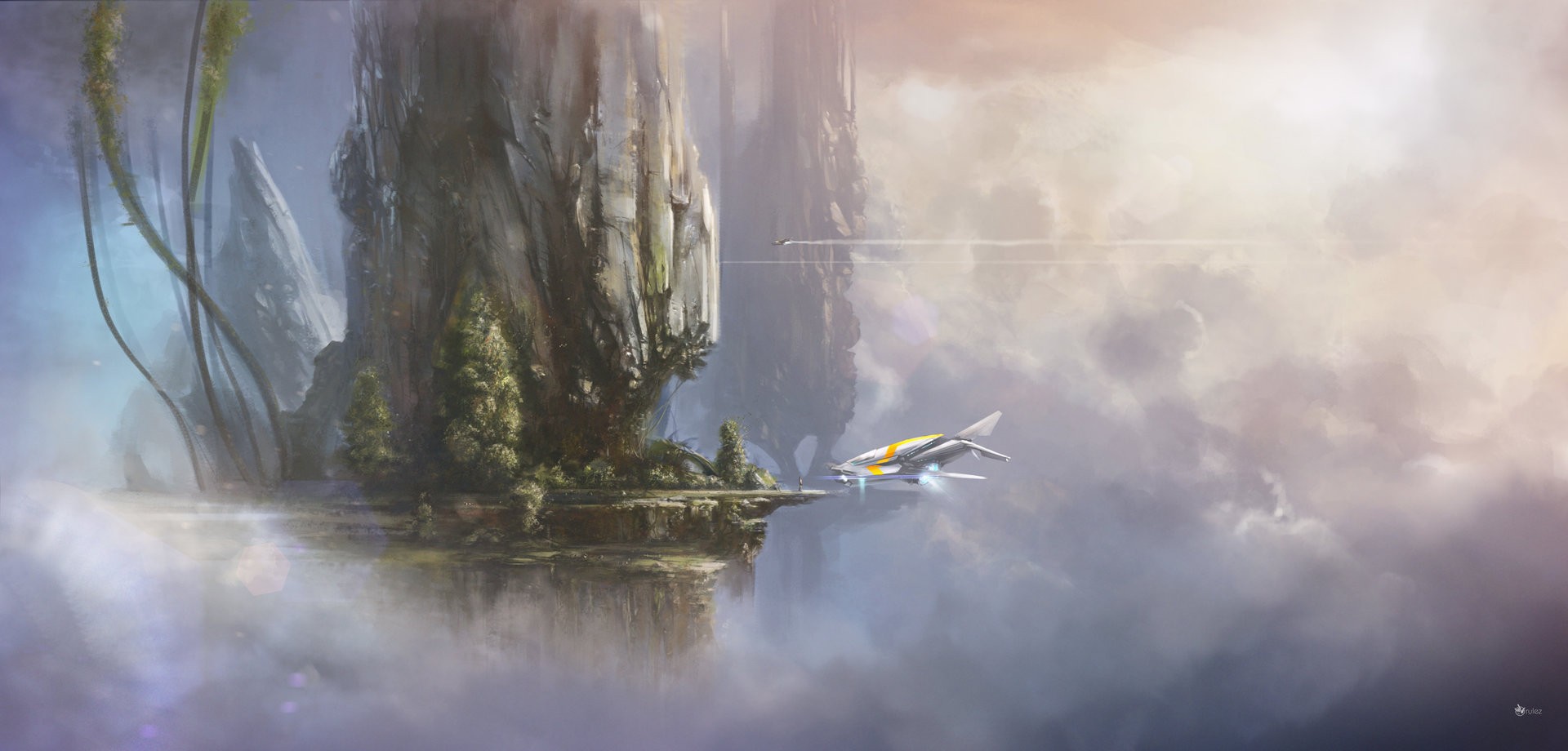 Science fiction landscape with flying vehicles and floating islands HD Wallpaper