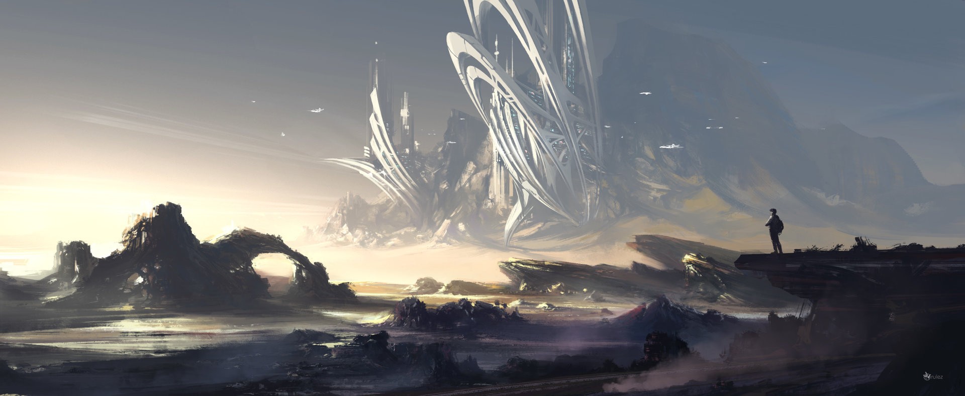Futuristic Cityscape with a Lone Observer HD Wallpaper