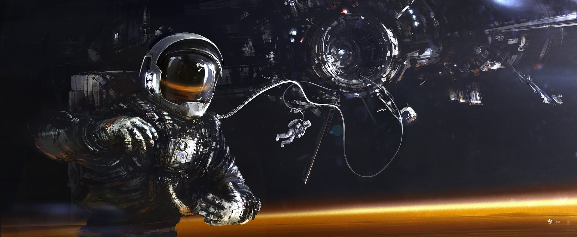 Astronauts near a space station above a planet HD Wallpaper