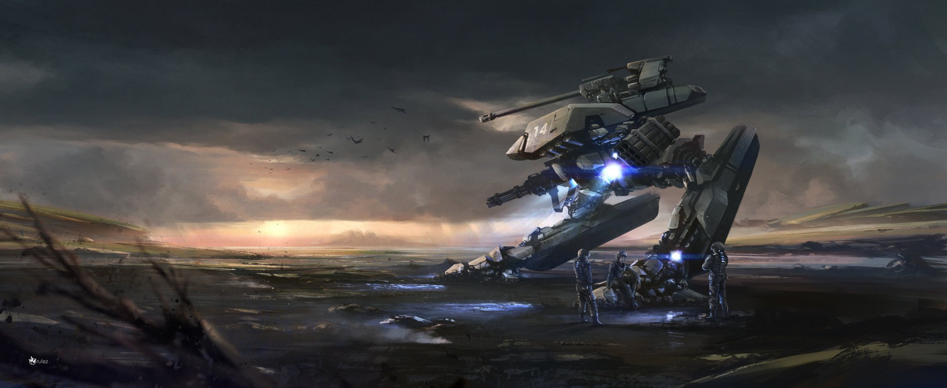 Science fiction mech with soldiers on a desolate landscape HD Wallpaper