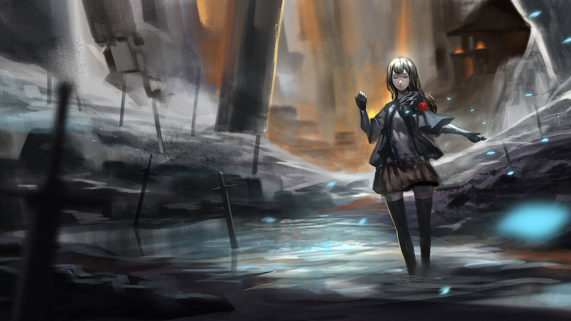 Anime girl with sword in a ruined landscape HD Wallpaper