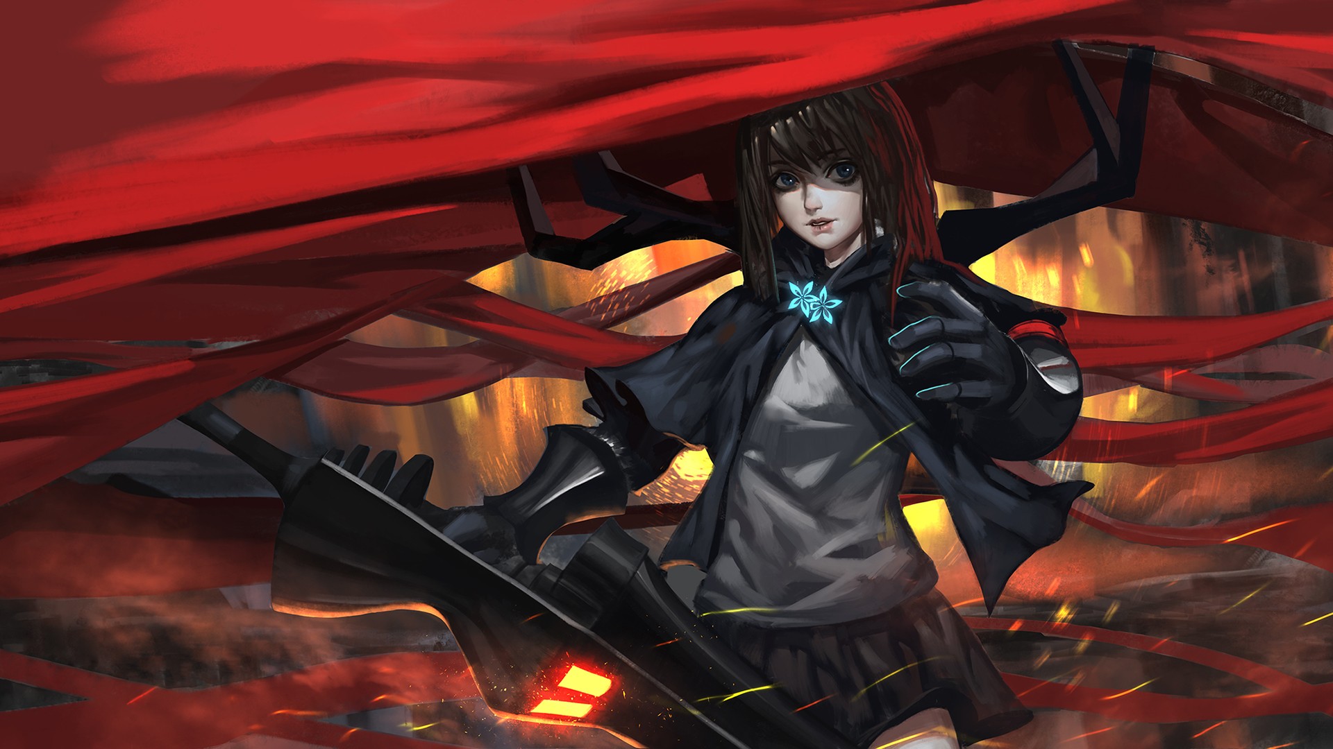 Anime girl with a large weapon and red cloth HD Wallpaper