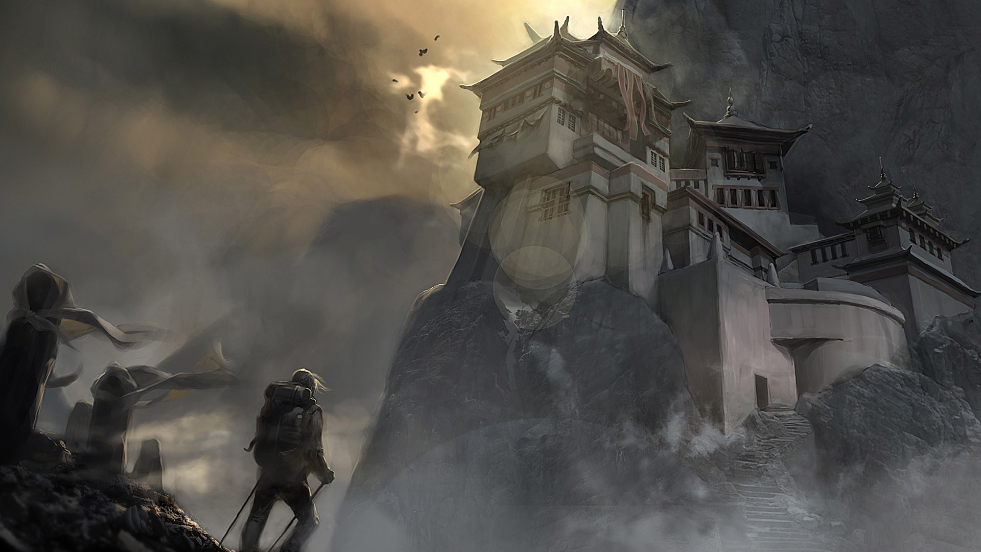 A lone traveler approaches a mountain temple HD Wallpaper