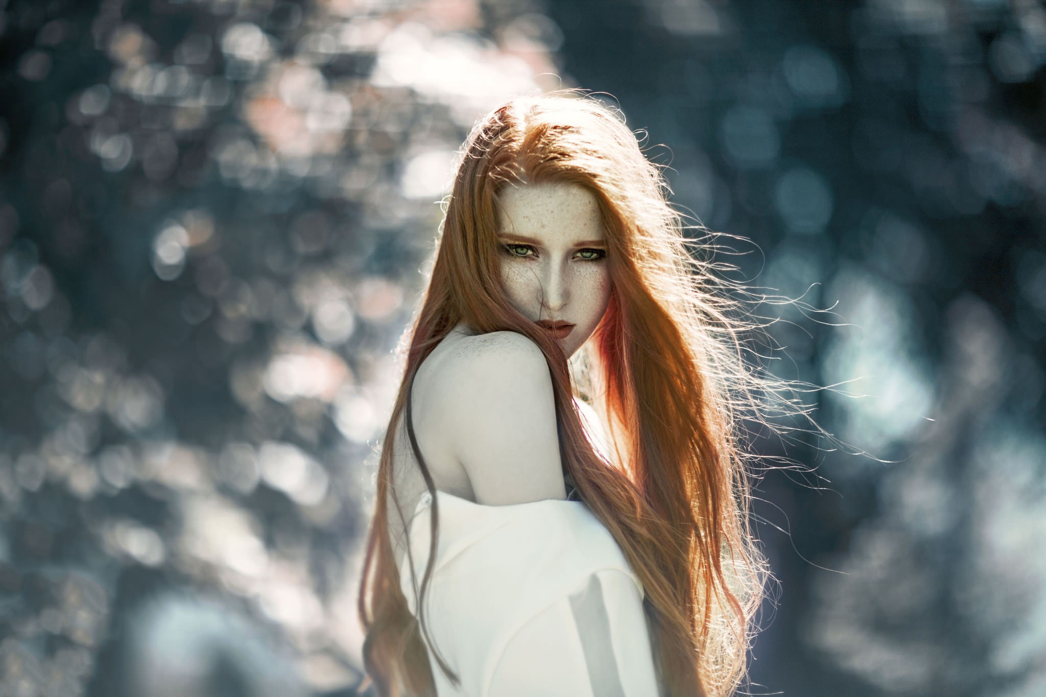 Redhead woman with long hair in a white top HD Wallpaper