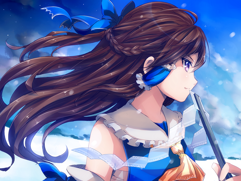 Touhou anime girl with brown hair and blue outfit HD Wallpaper