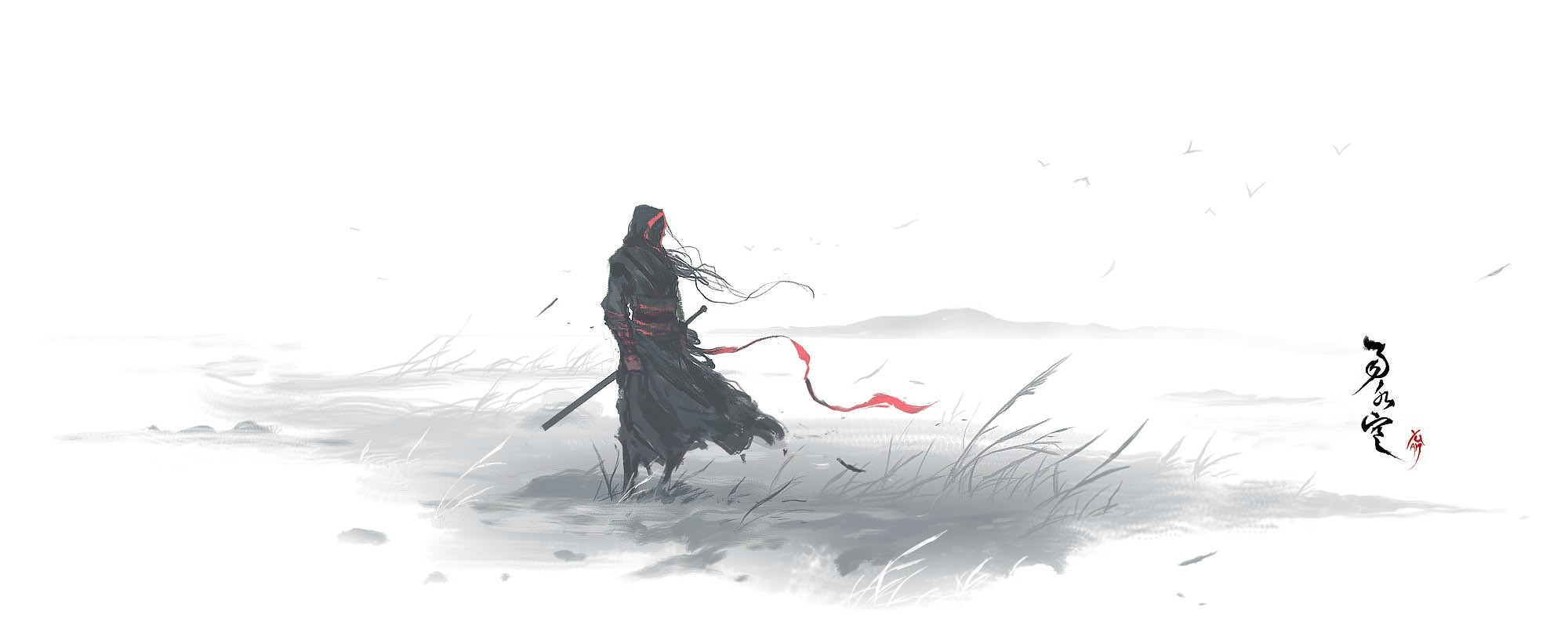 Man in black with sword and red sash HD Wallpaper