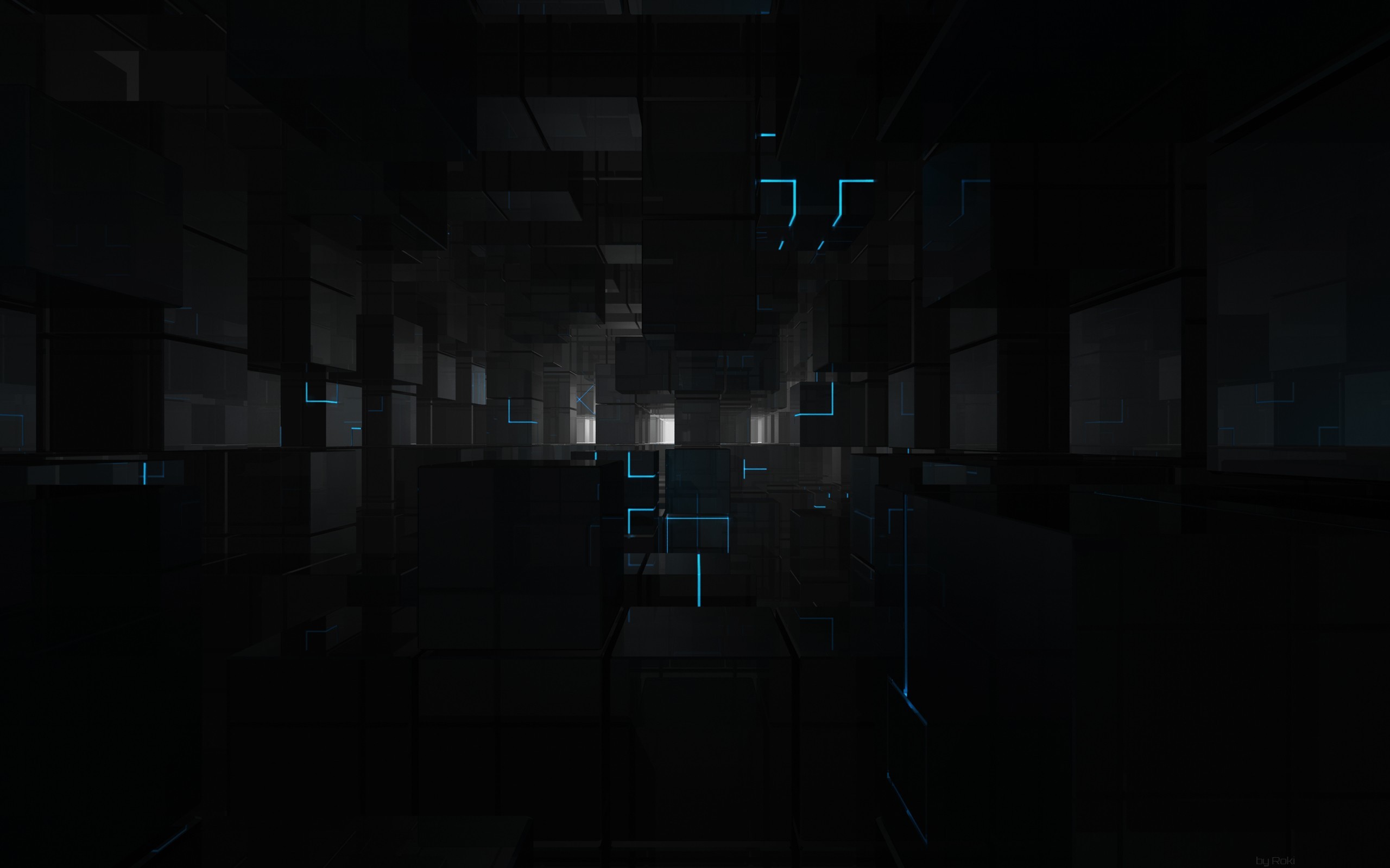 Dark 3D cubes with blue light reflections HD Wallpaper