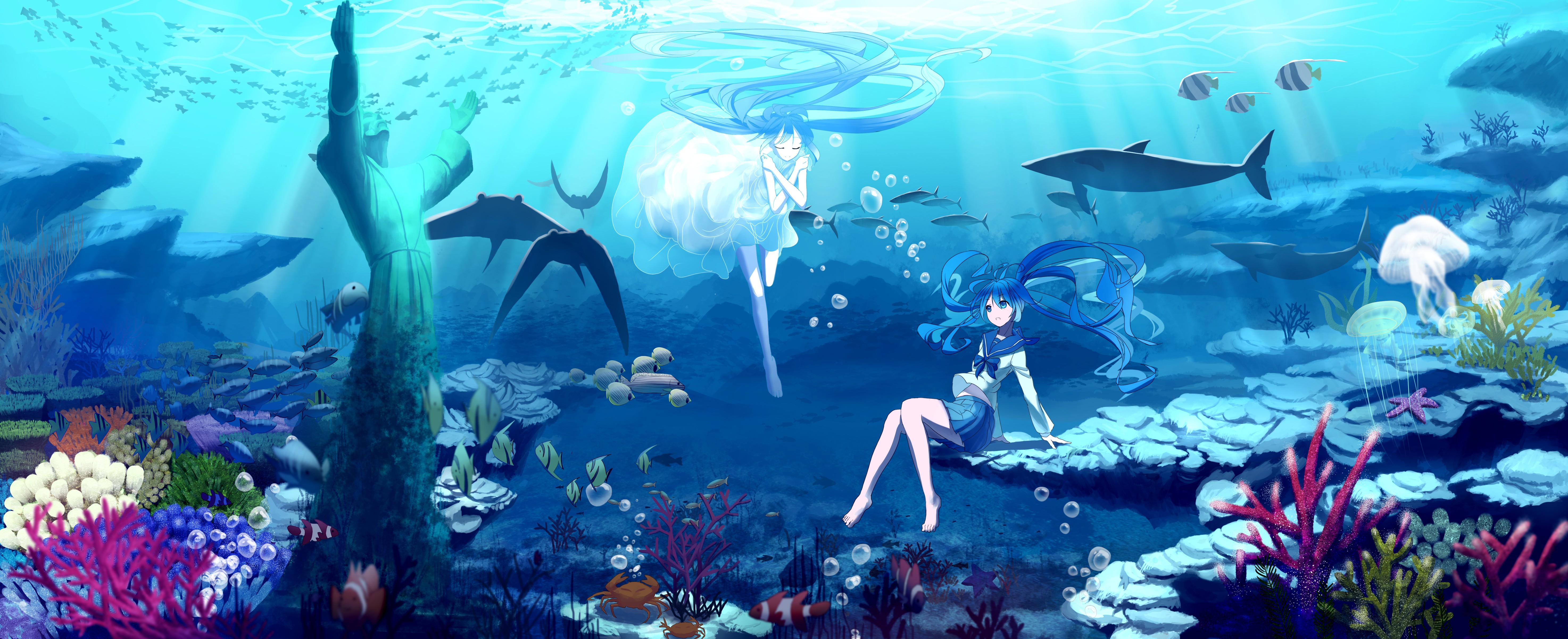 Anime girls underwater with Hatsune Miku and whales HD Wallpaper