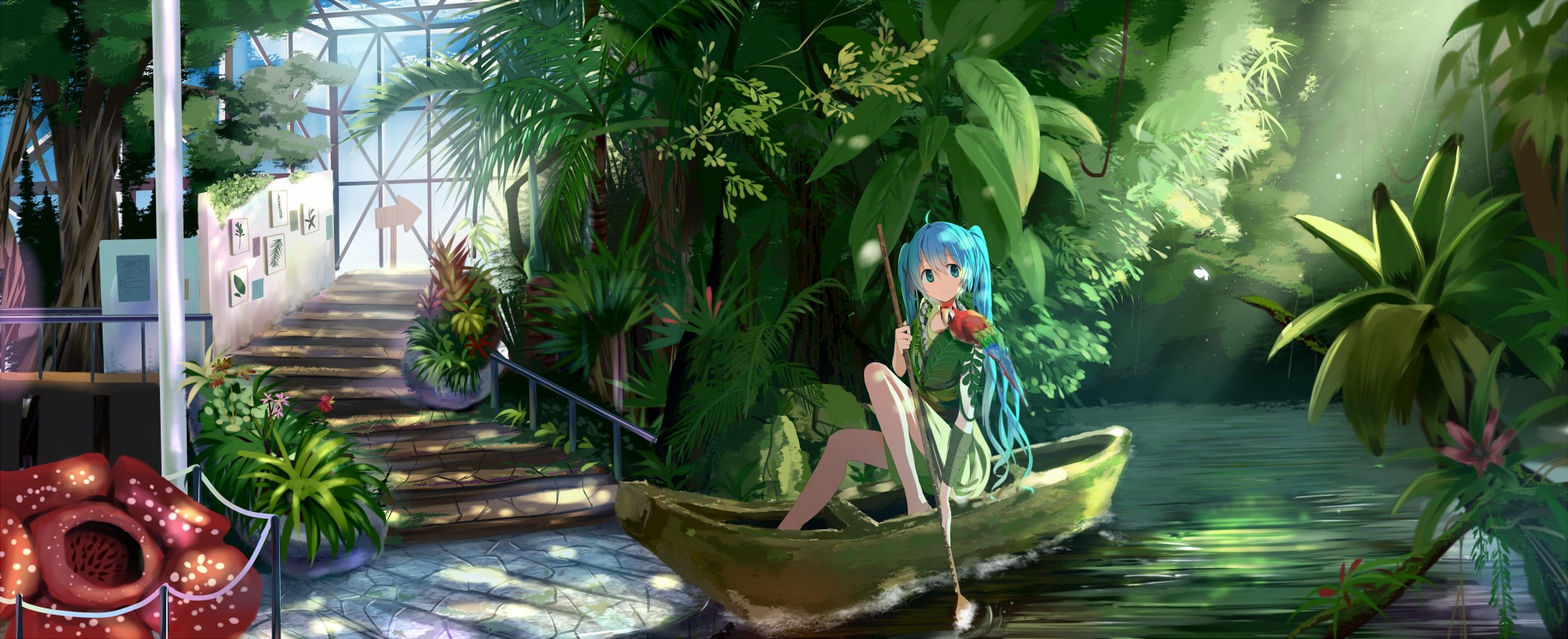 Hatsune Miku in a boat in a greenhouse HD Wallpaper