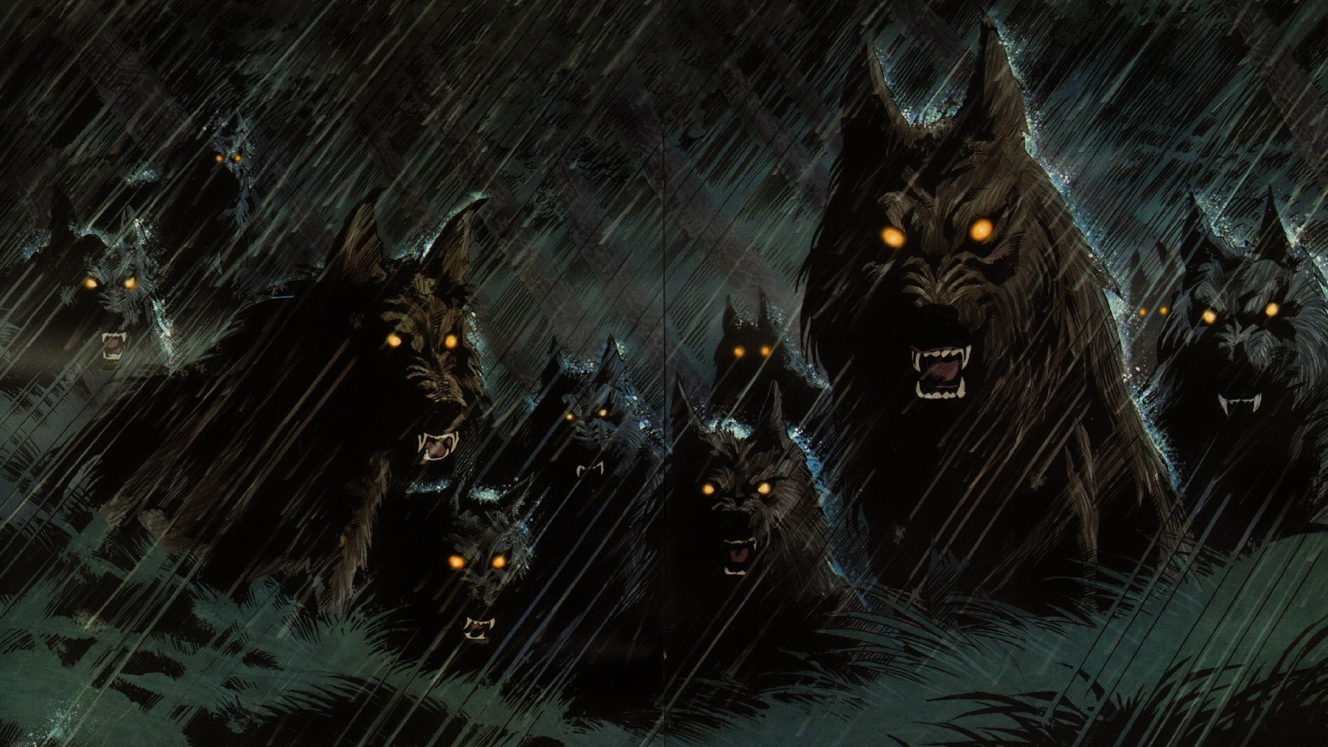 A pack of wolves with glowing eyes in the rain HD Wallpaper