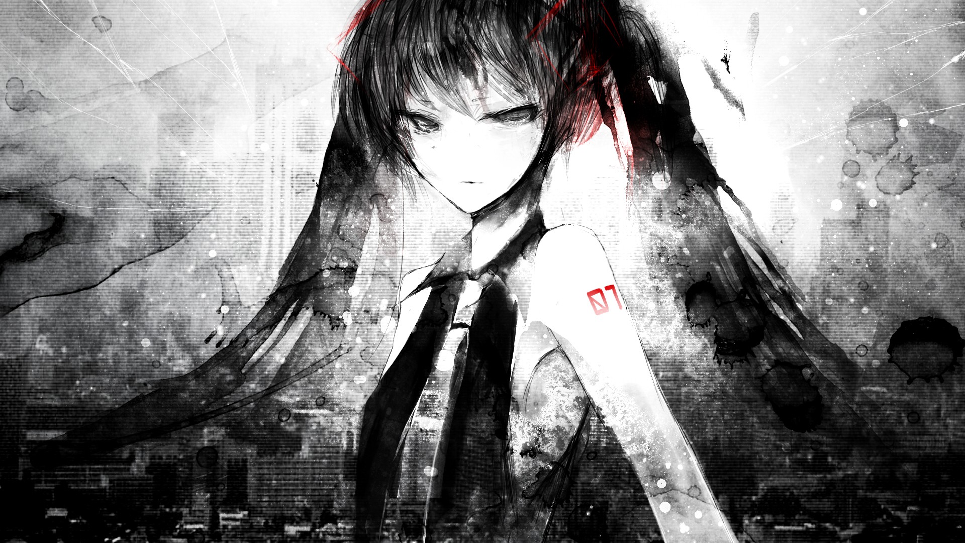 Hatsune Miku in a monochrome, grunge art style HD Wallpaper