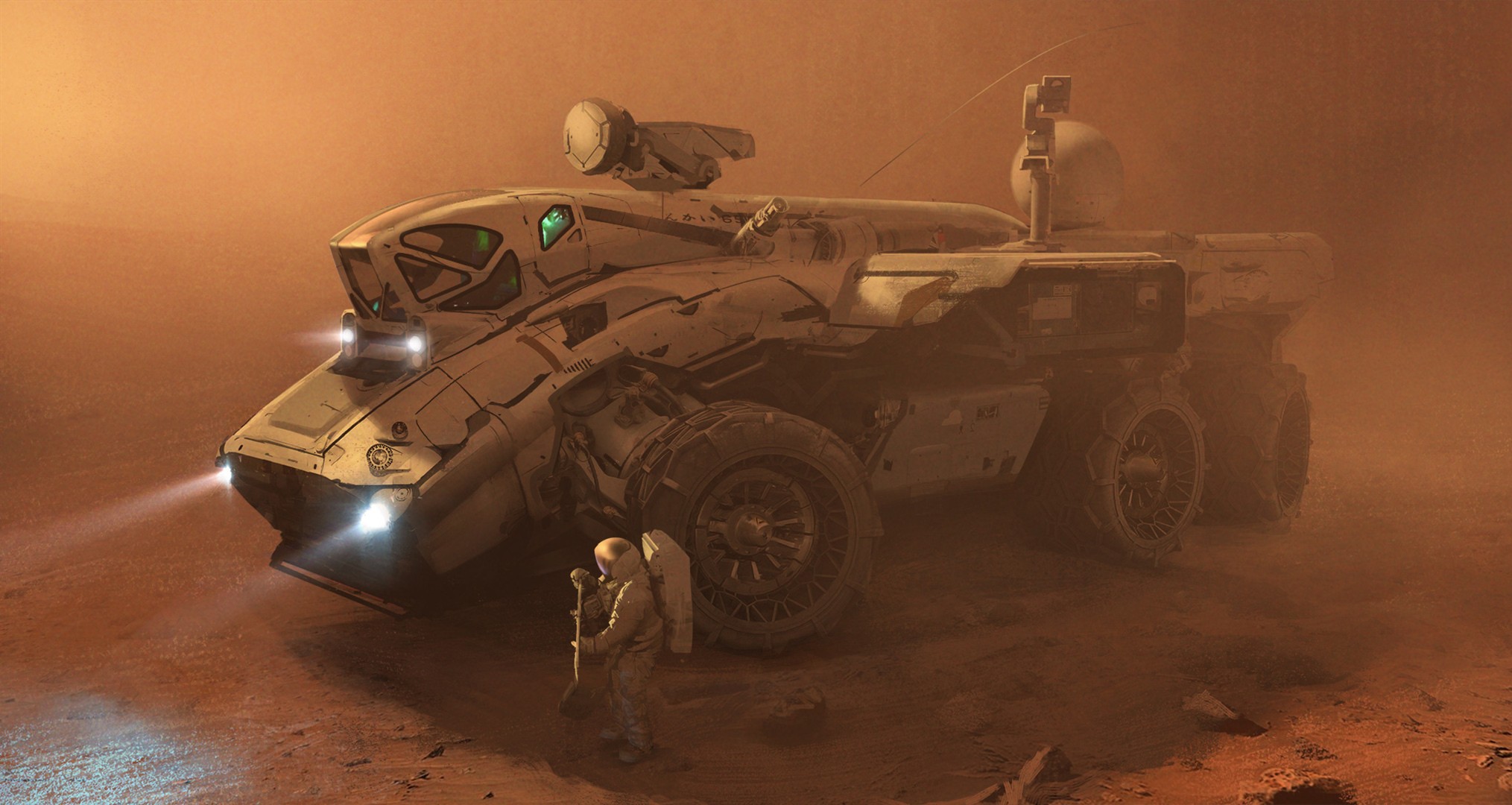 Science fiction artwork of a rover and astronaut on Mars HD Wallpaper