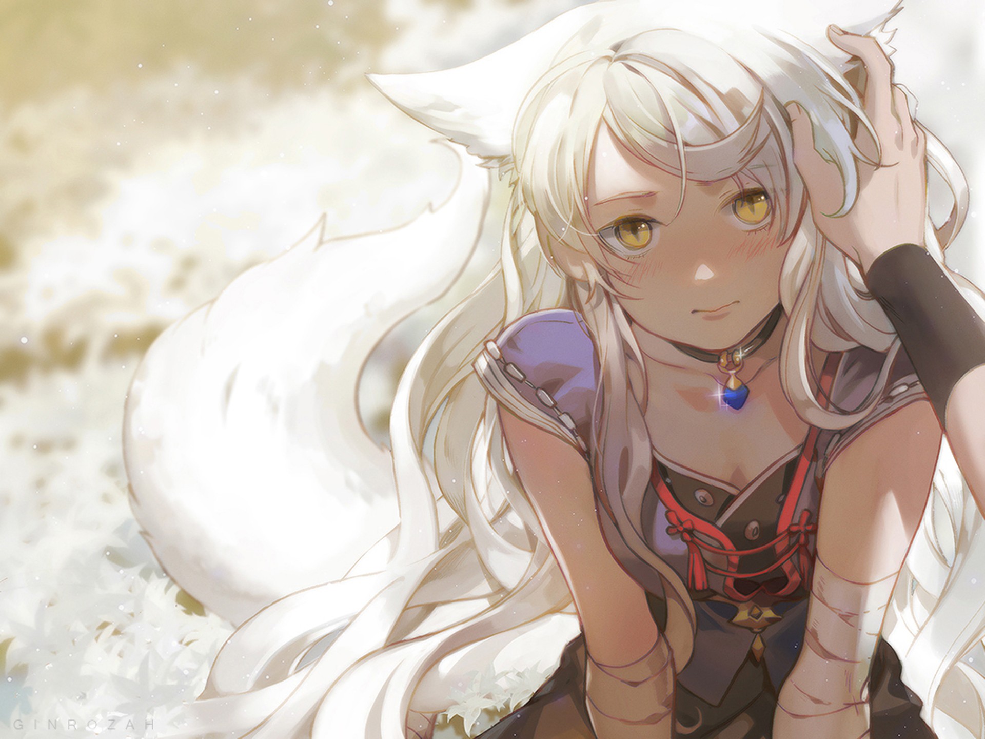 Anime girl with white hair and fox ears HD Wallpaper