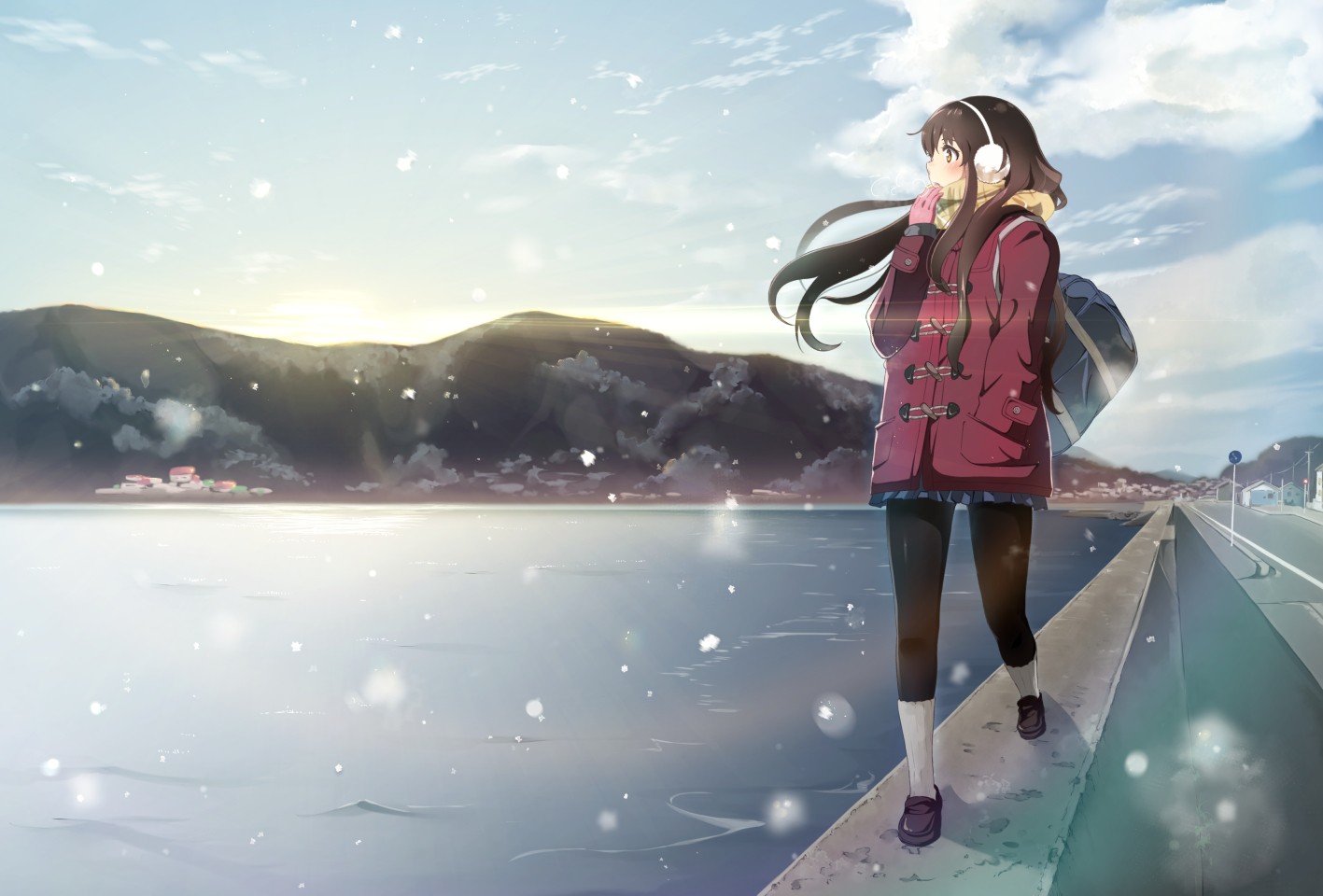 Anime girl with headphones walking by the water HD Wallpaper