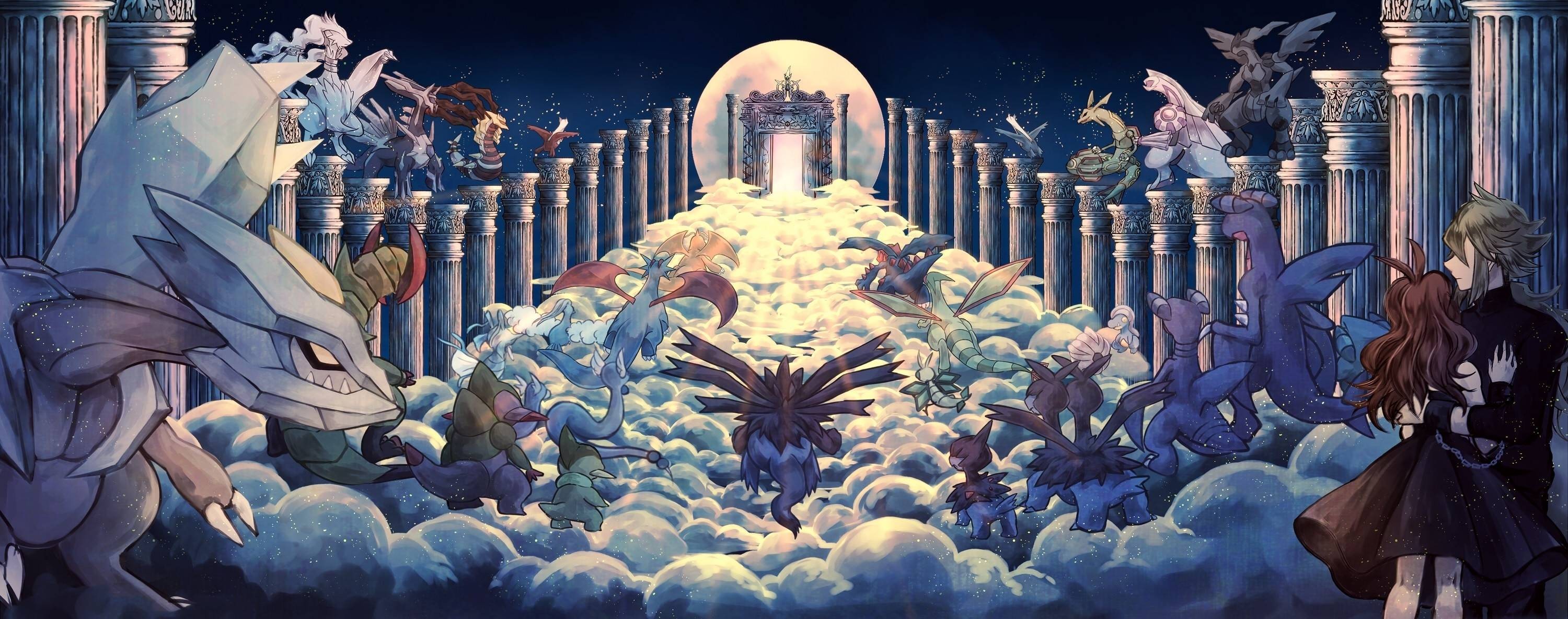 Pokémon characters in a celestial setting with a grand gate HD Wallpaper