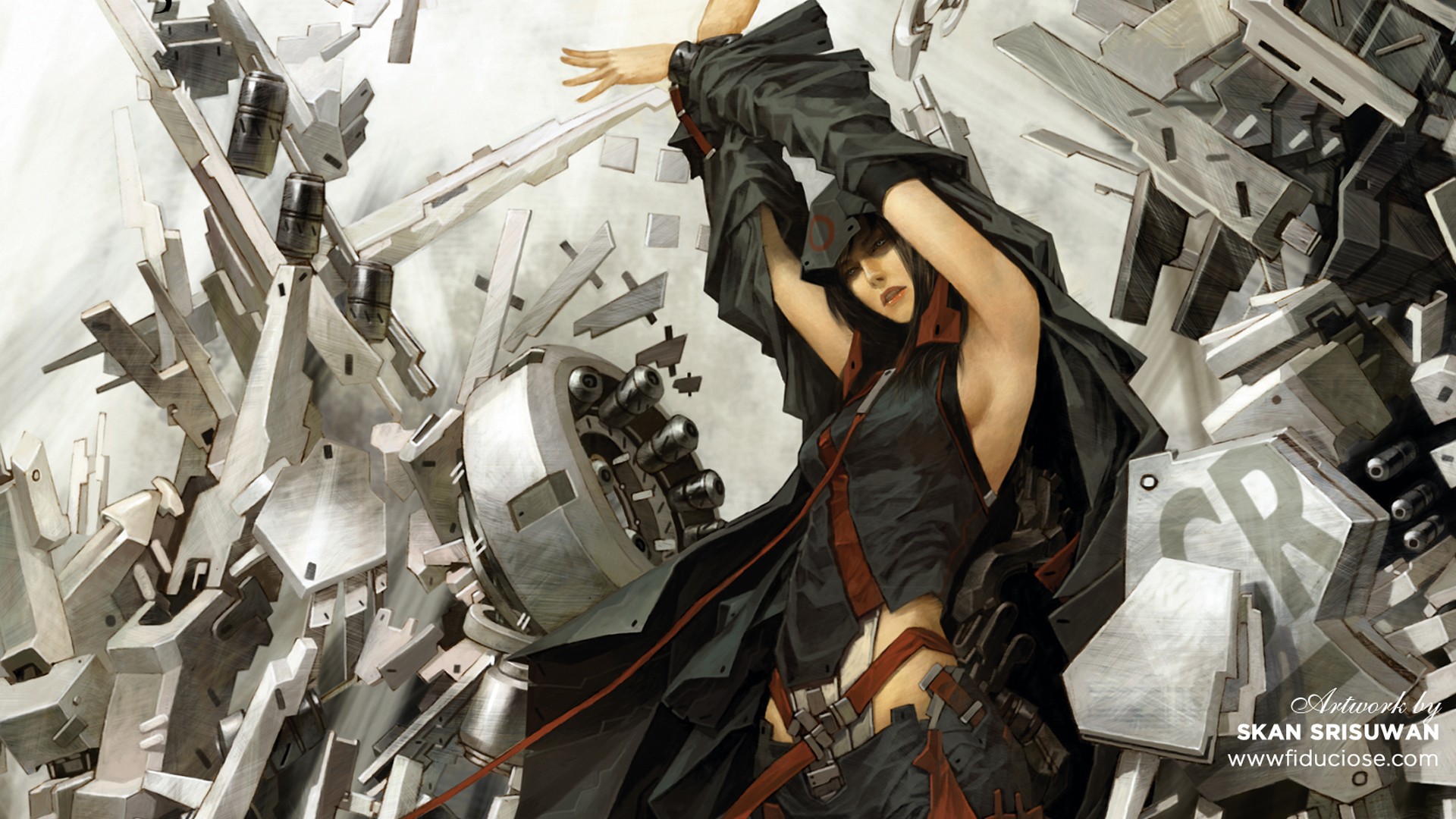 Illustration of a woman in a black outfit with mechanical elements HD Wallpaper