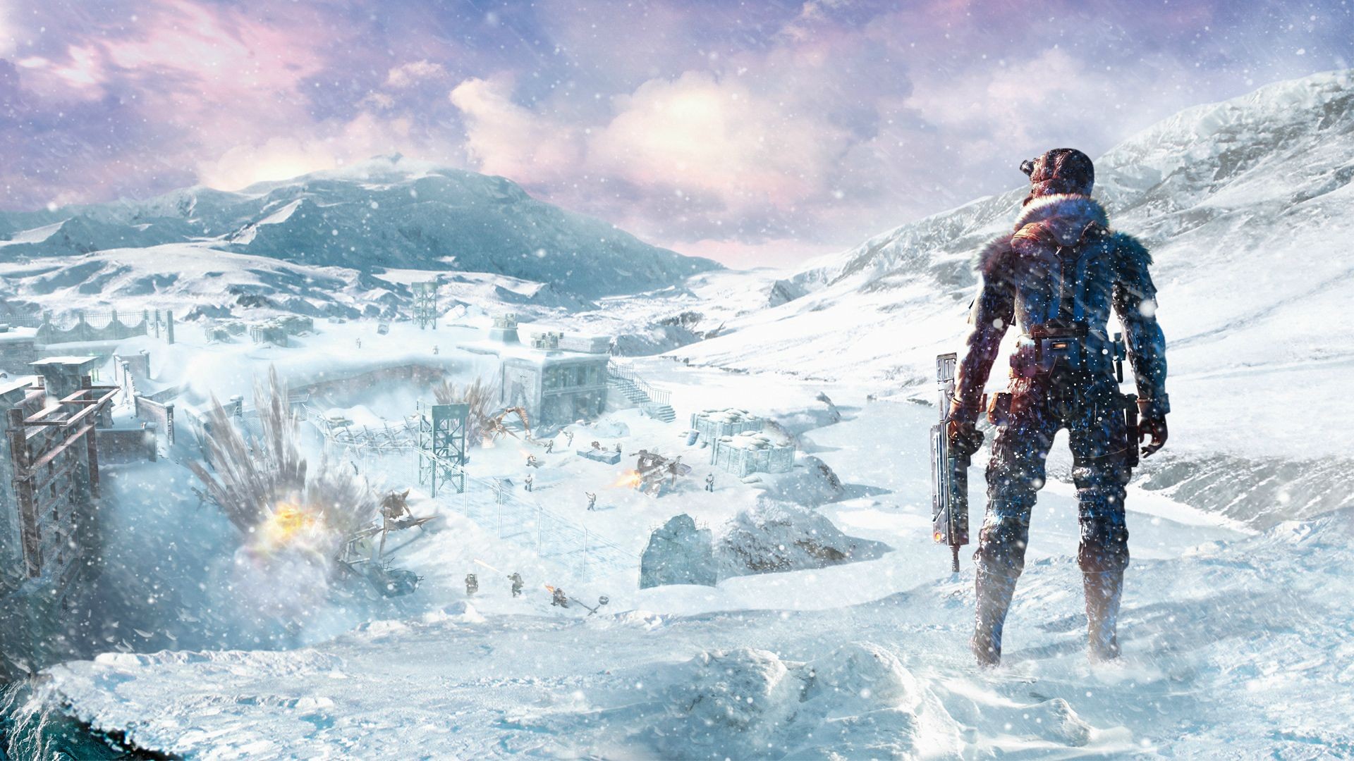Lost Planet concept art of a soldier in a snowy landscape HD Wallpaper