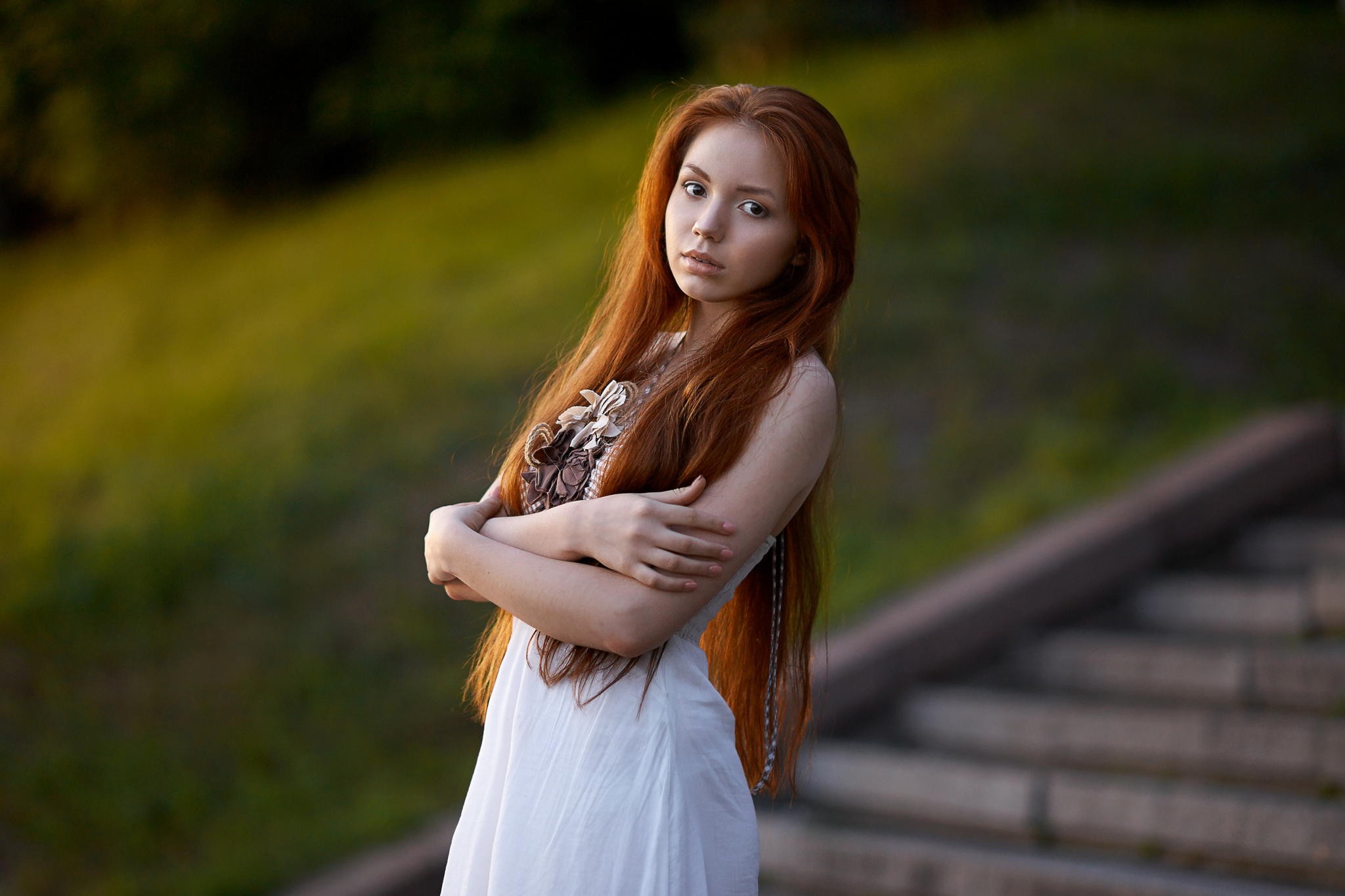Redhead woman with long hair in a white dress HD Wallpaper