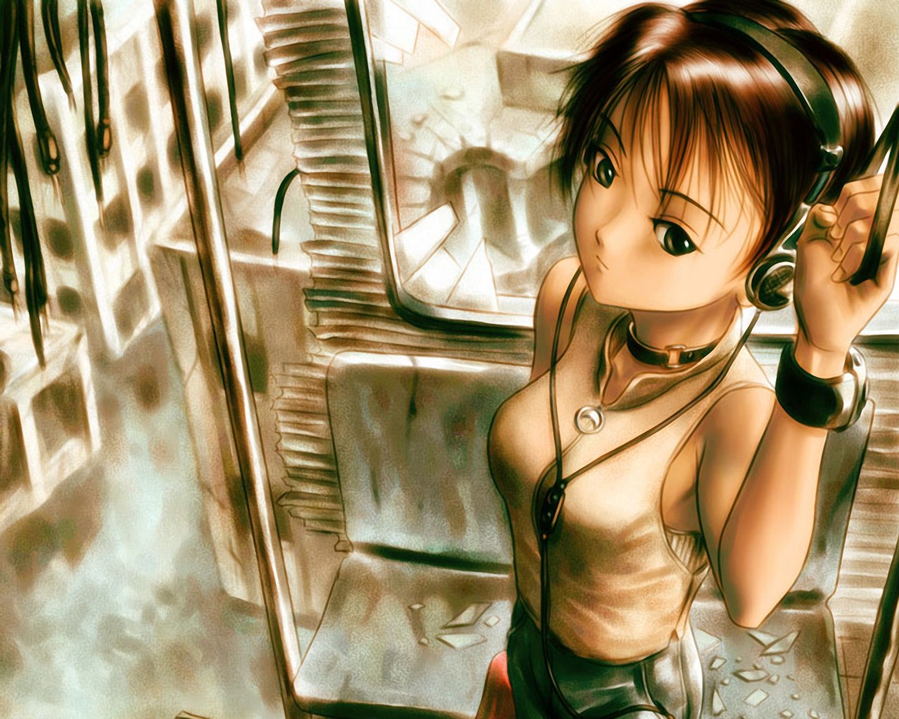 Anime girl with headphones listening to music HD Wallpaper