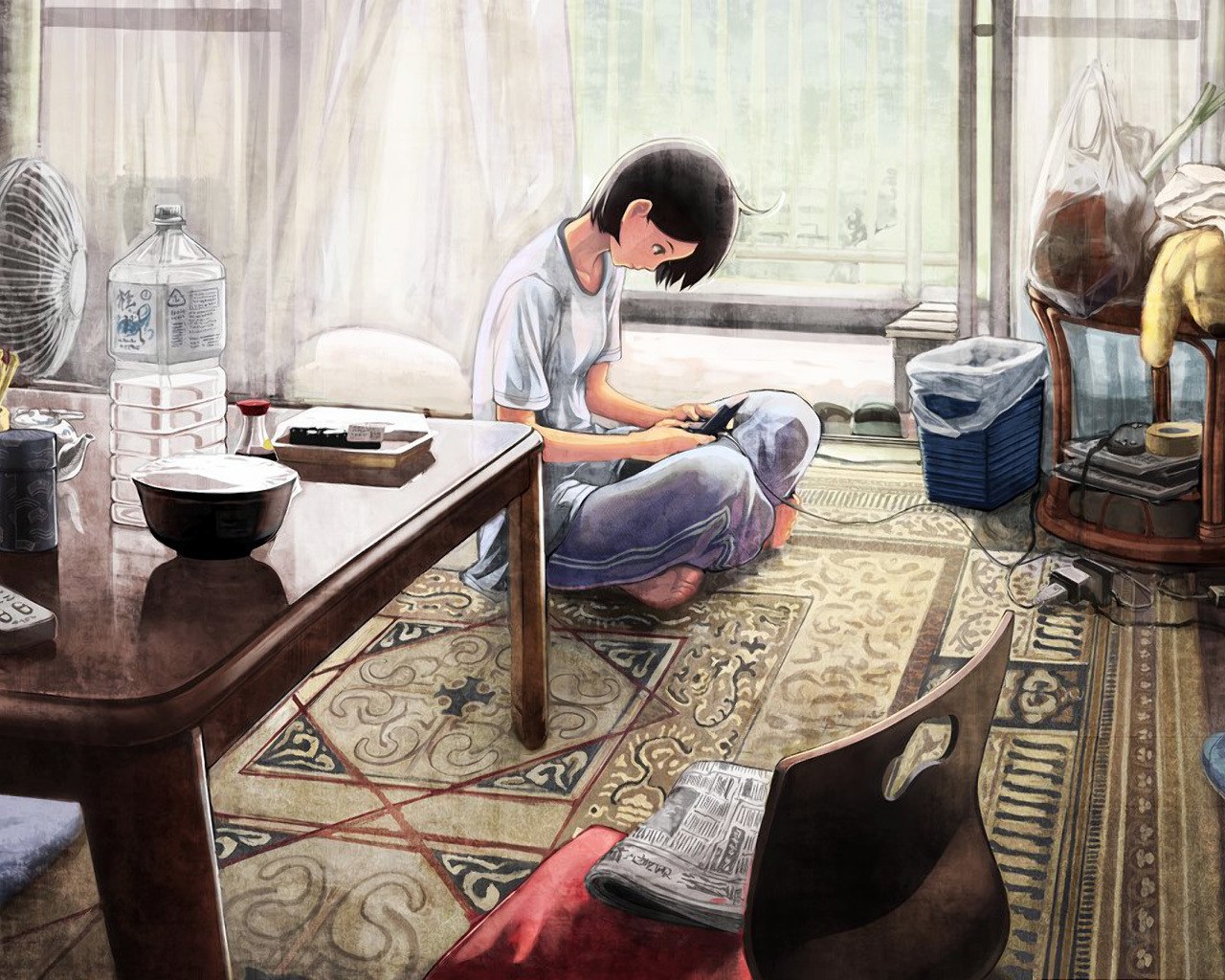 Anime girl playing video games indoors HD Wallpaper