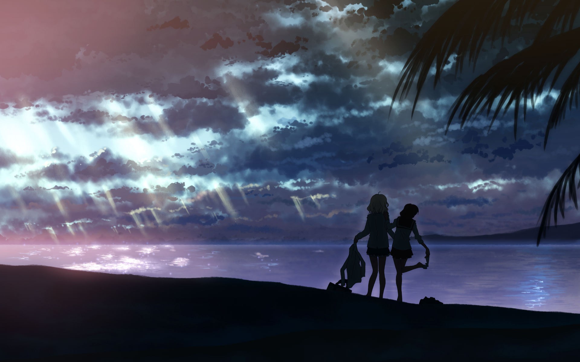 Two girls on a beach at sunset with palm trees HD Wallpaper