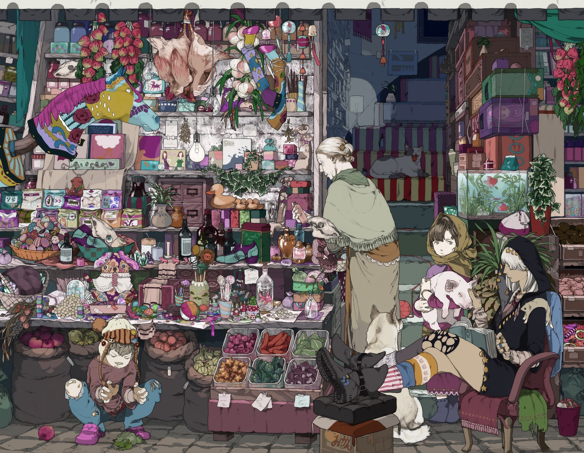 Anime market stall with people and animals HD Wallpaper