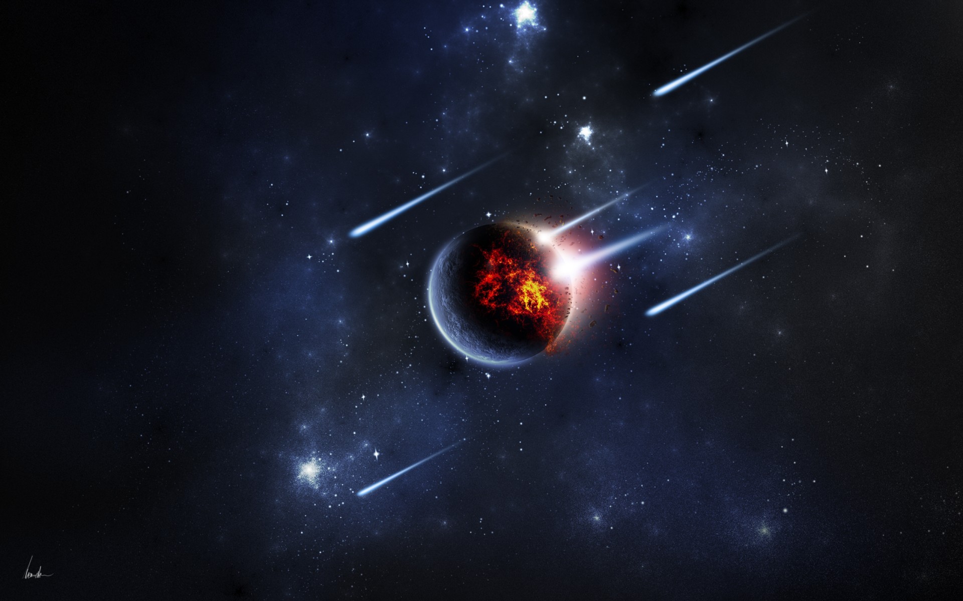 Meteors striking a burning planet in space HD Wallpaper