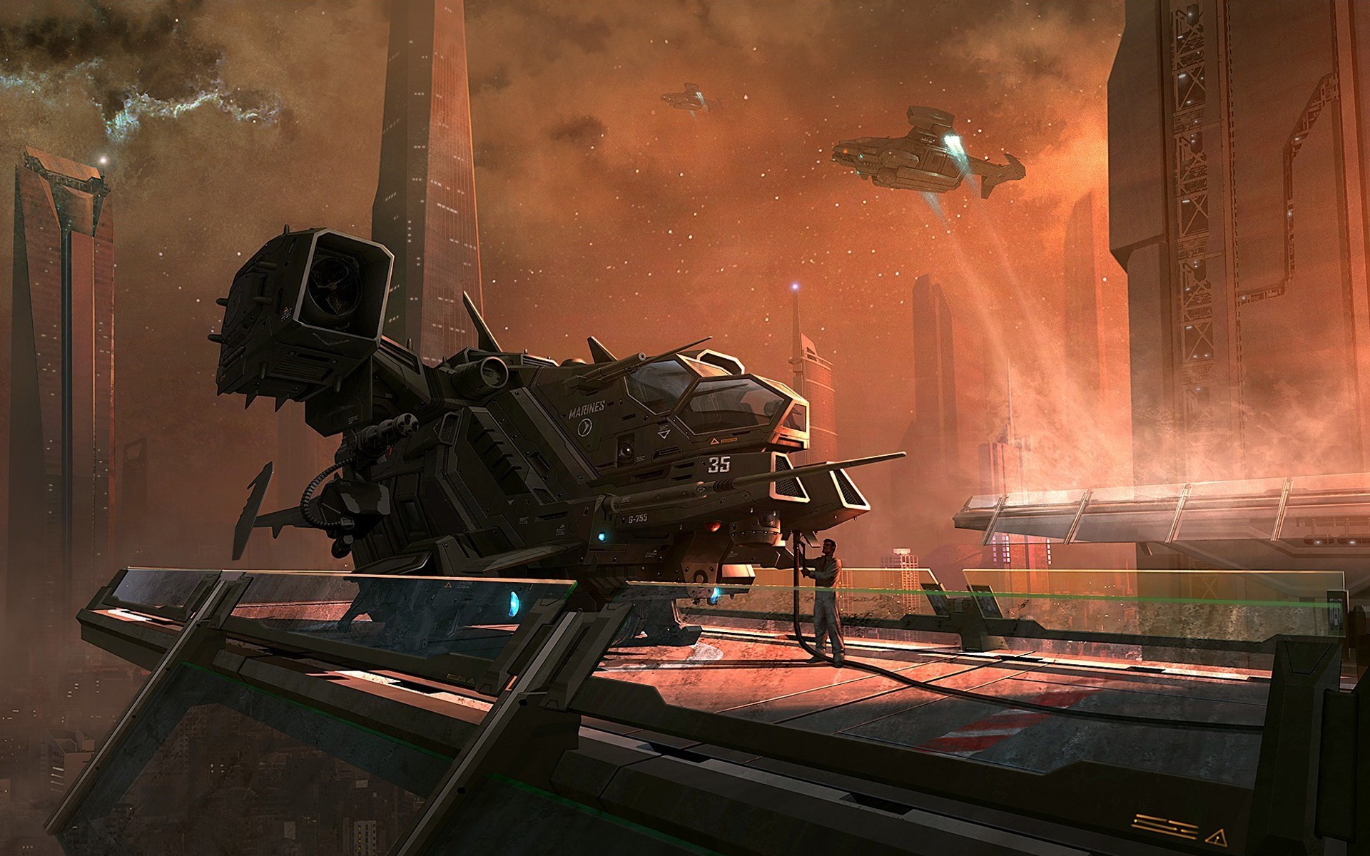 Futuristic spaceship on a landing platform in a sci-fi city HD Wallpaper