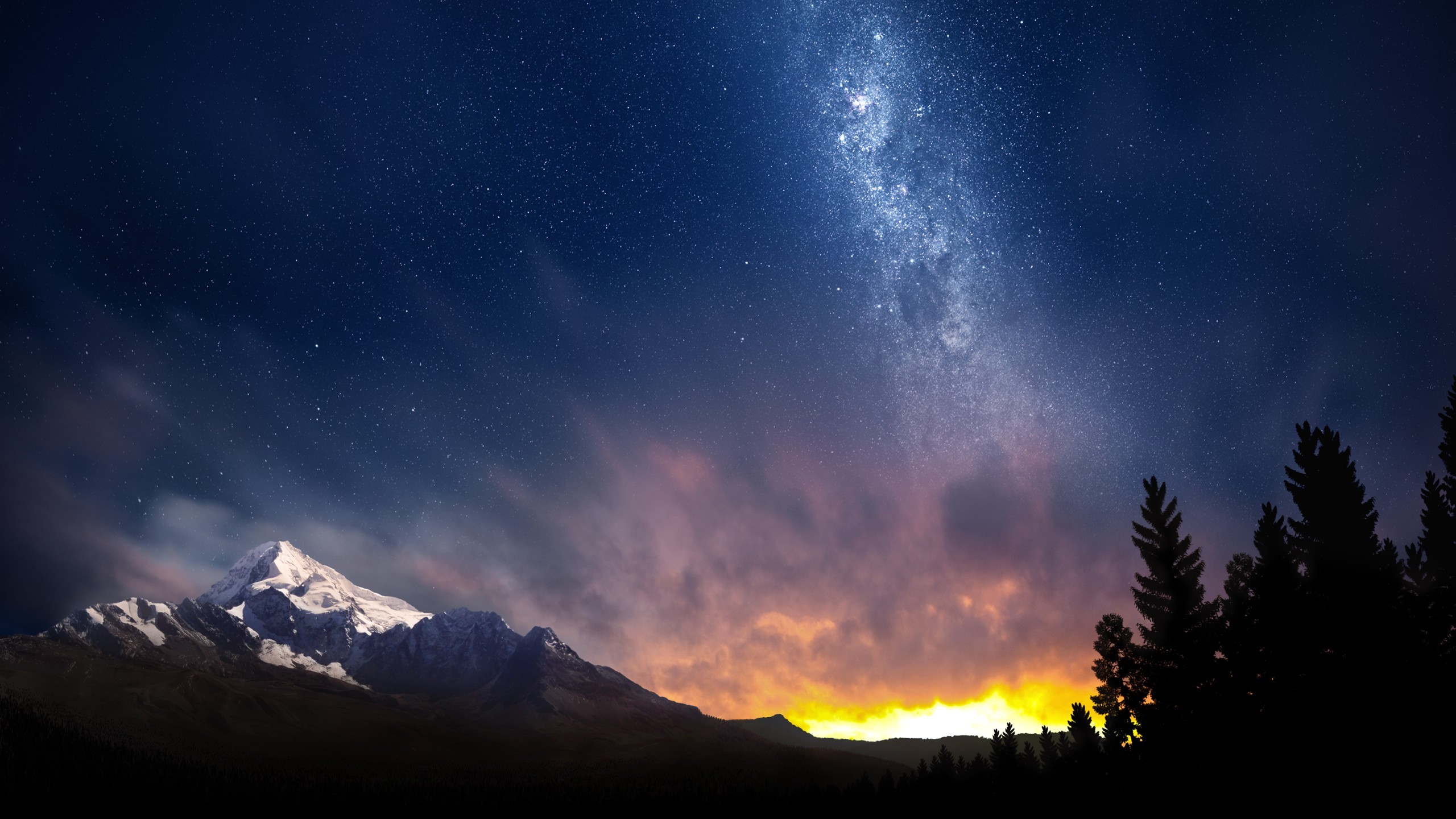 Milky Way over snow-capped mountains and forest HD Wallpaper